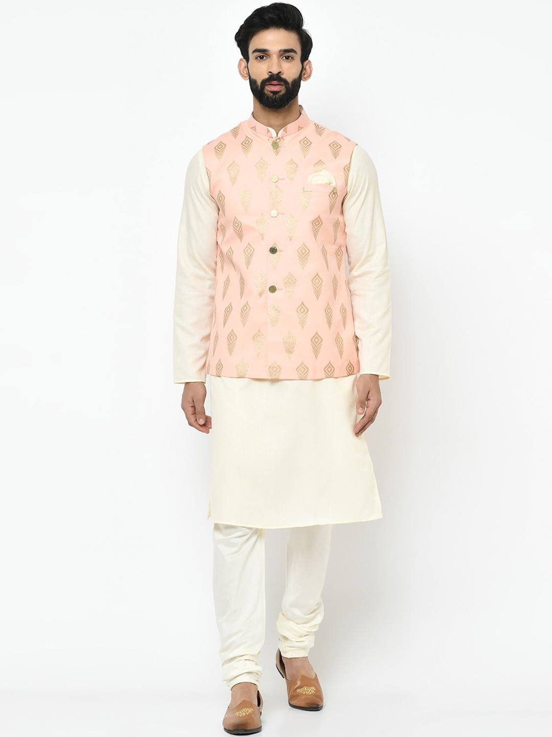 

KISAH Men Cream-Coloured Solid Kurta Set with Jacket