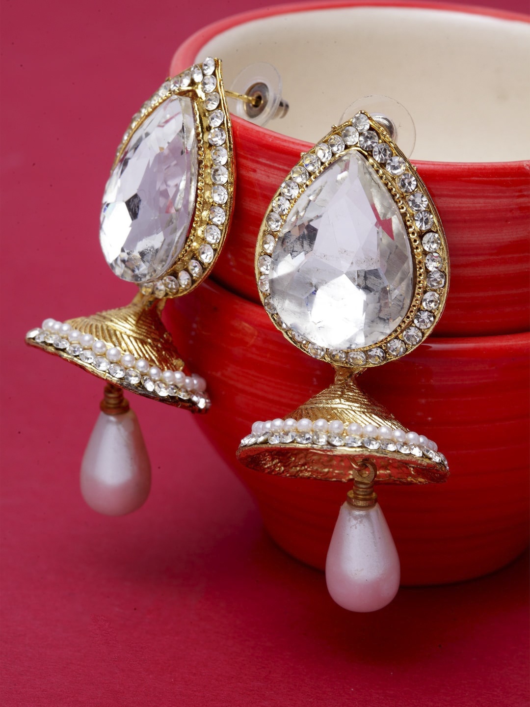 

ANIKAS CREATION White & Gold-Toned Teardrop Shaped Jhumkas