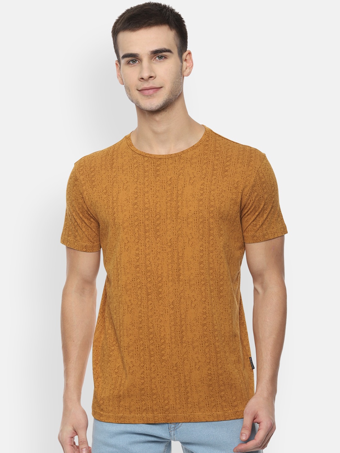 

Louis Philippe Jeans Men Mustard Brown Printed Round Neck Pure Cotton T-shirt