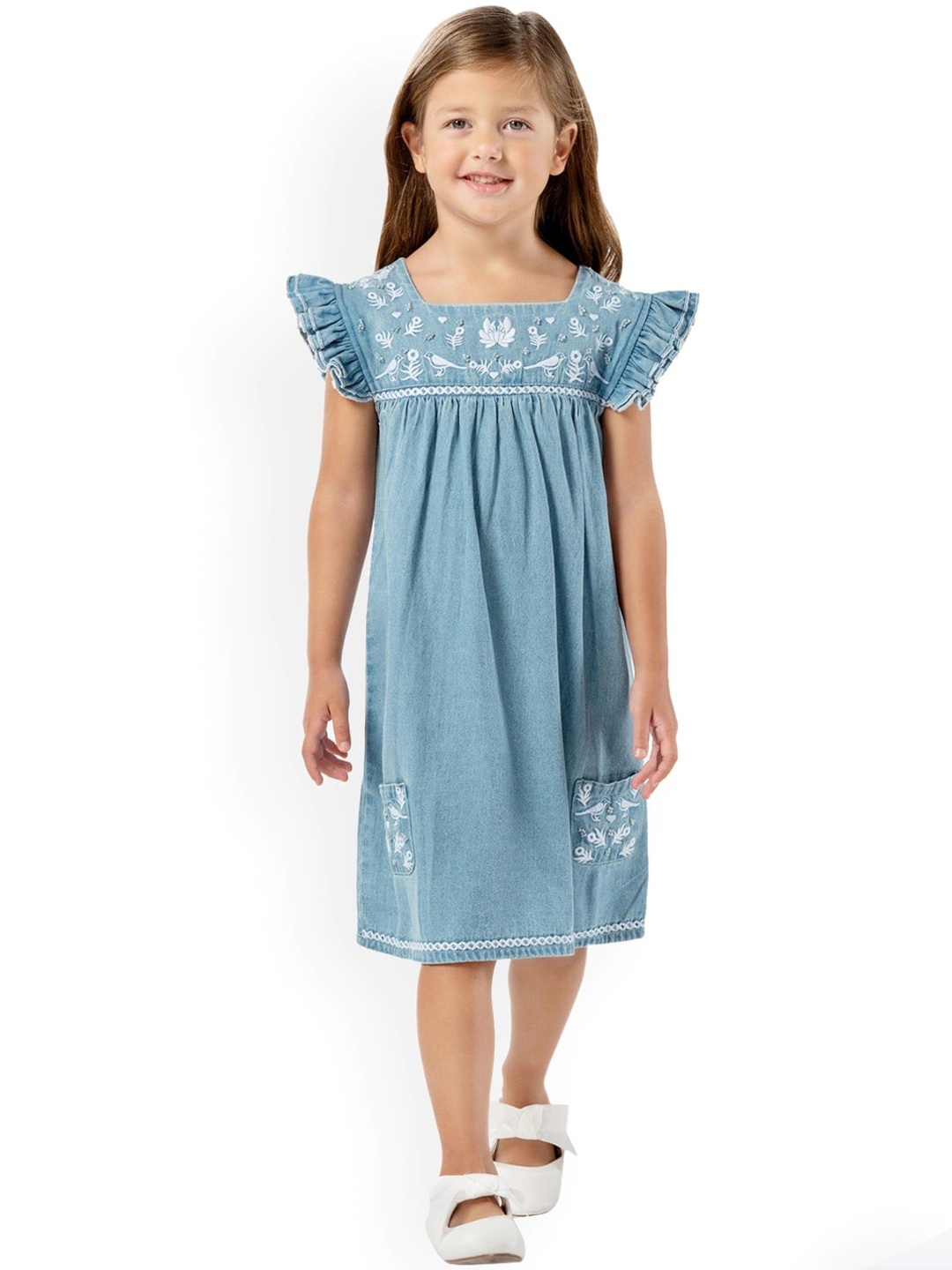Cherry Crumble Girls Blue Embroidered Denim A-Line Dress
