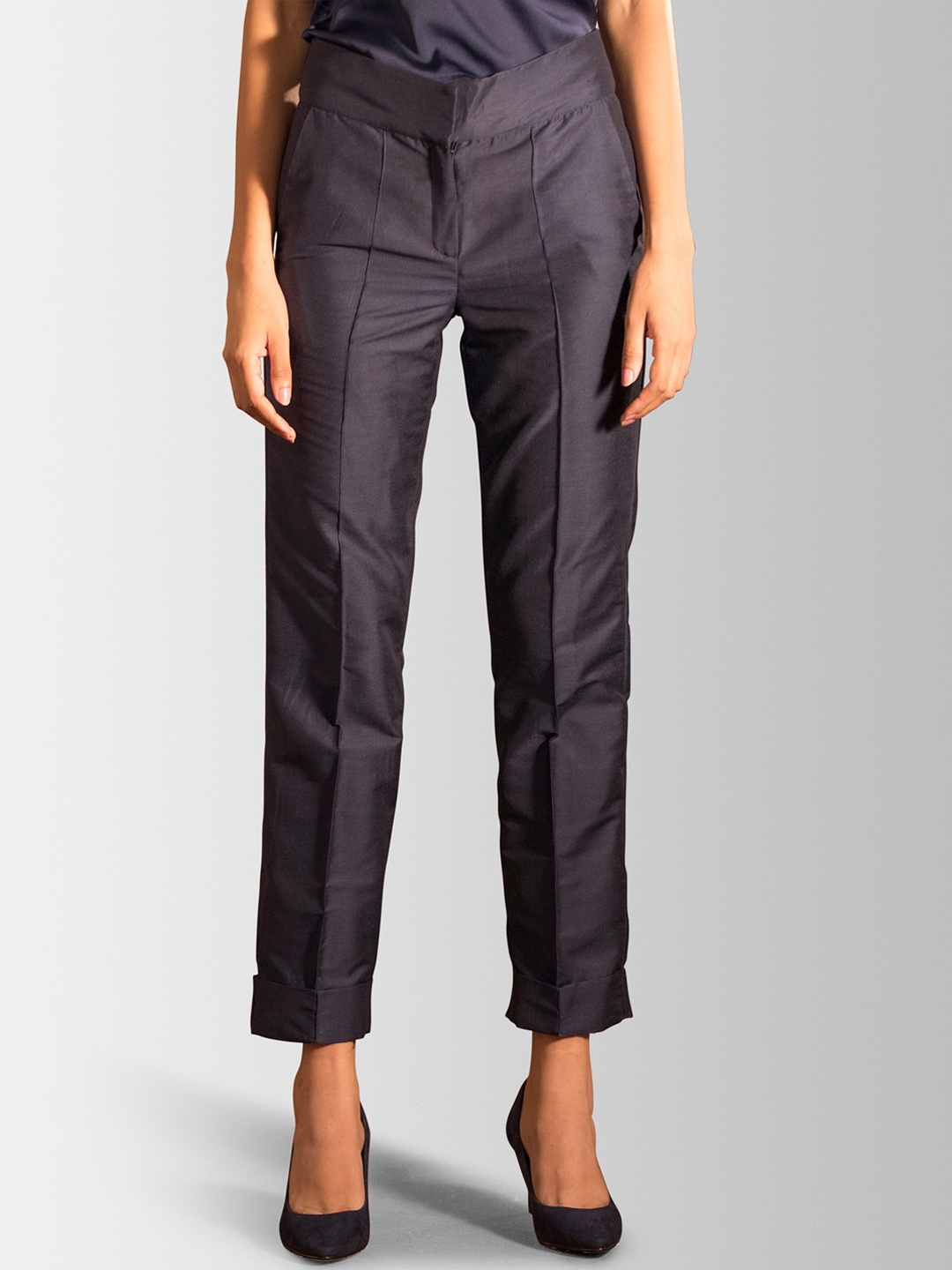 

FableStreet Women Navy Blue Slim Fit Solid Regular Trousers