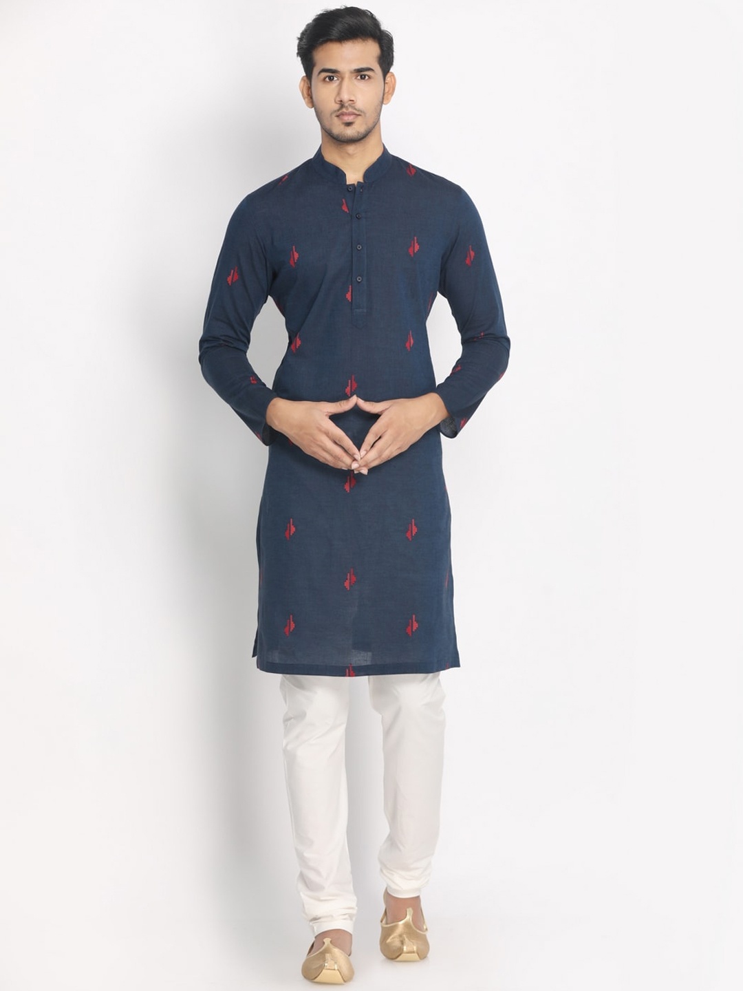 Manyavar Men Navy Blue Embroidered Straight Kurta