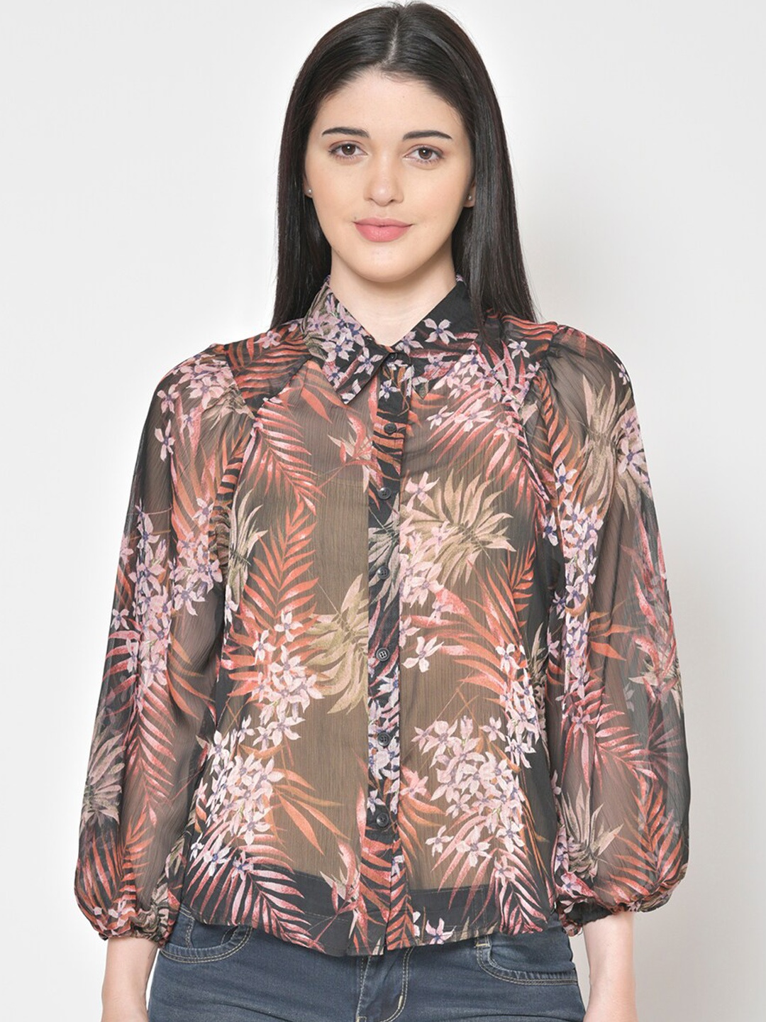 

Cation Women Black & Orange Tailored Fit Printed Casual Sheer Shirt