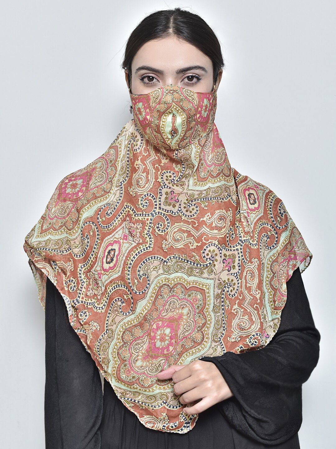 

SWAYAM Women Brown & Pink Printed 3-Ply Anti-Pollution Reusable Protective Outdoor Mask Cum Scarf