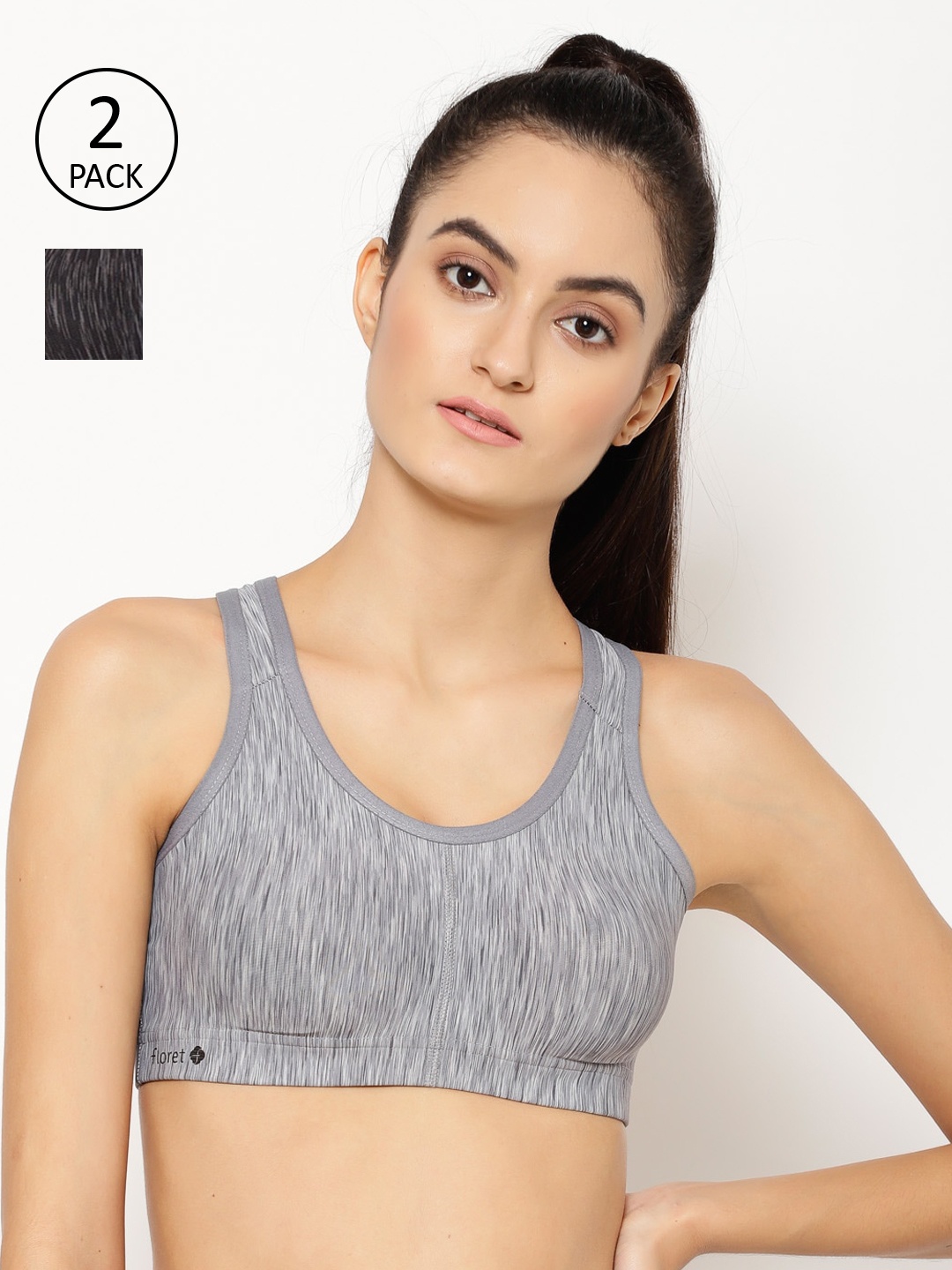 

Floret Pack of 2 Printed Non-Wired Lightly Padded Workout Bra T3066, Grey
