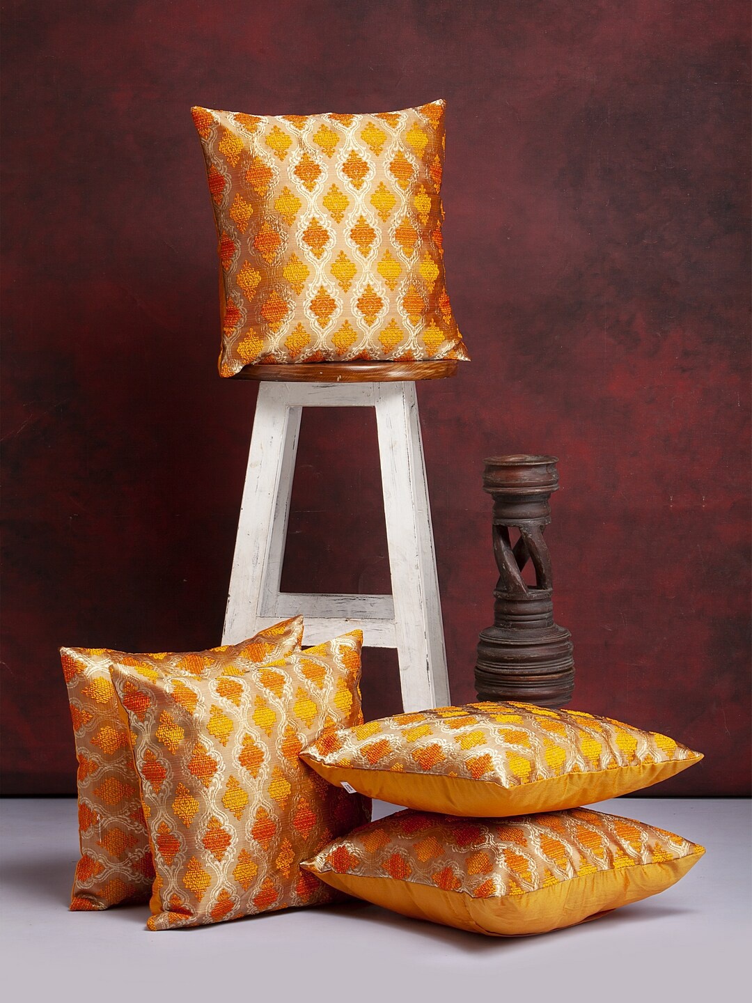 Alina decor Yellow & Gold-Toned Set of 5 Embroidered Square Cushion Covers