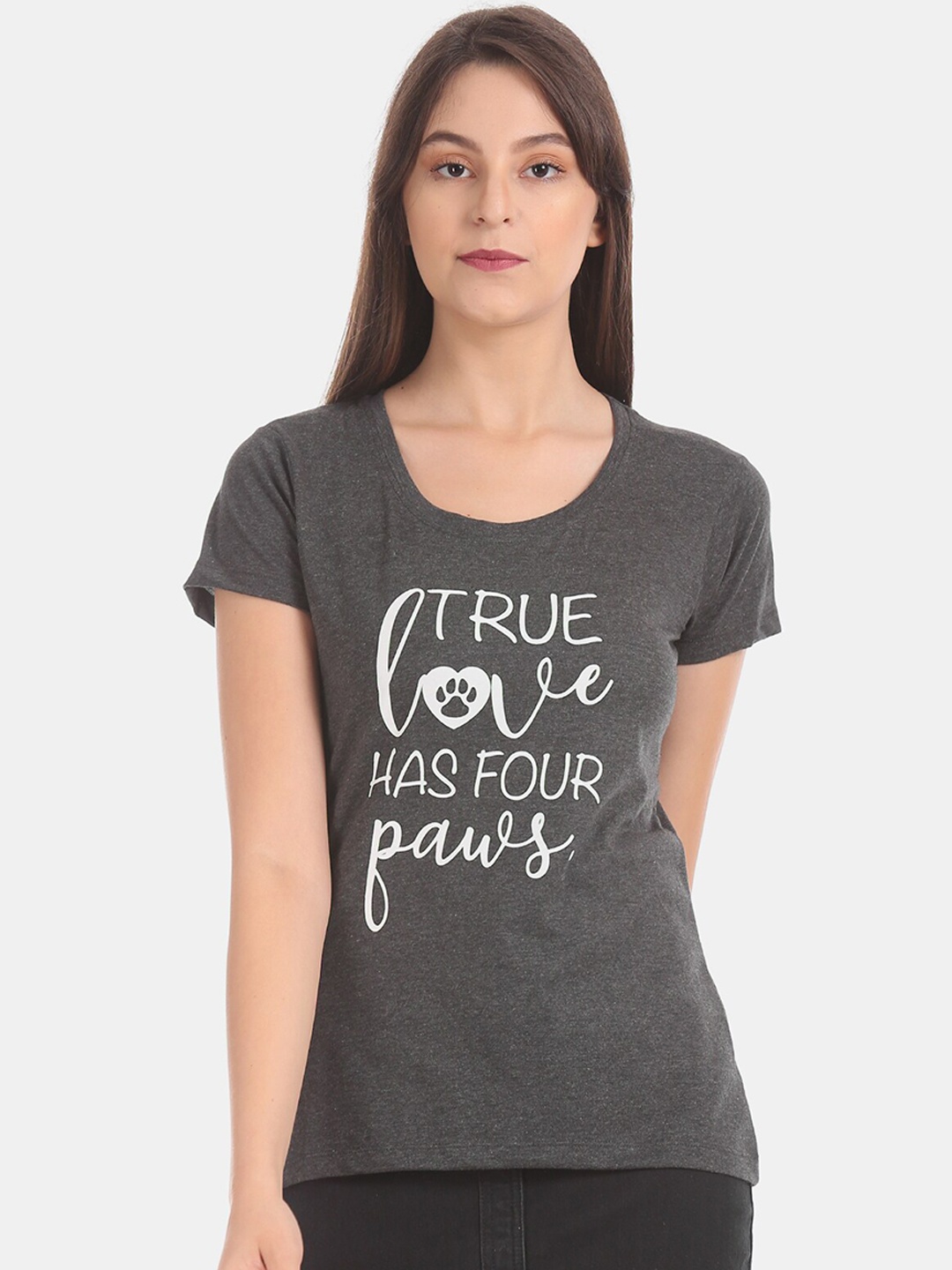 

Sugr Women Grey Printed Round Neck T-shirt