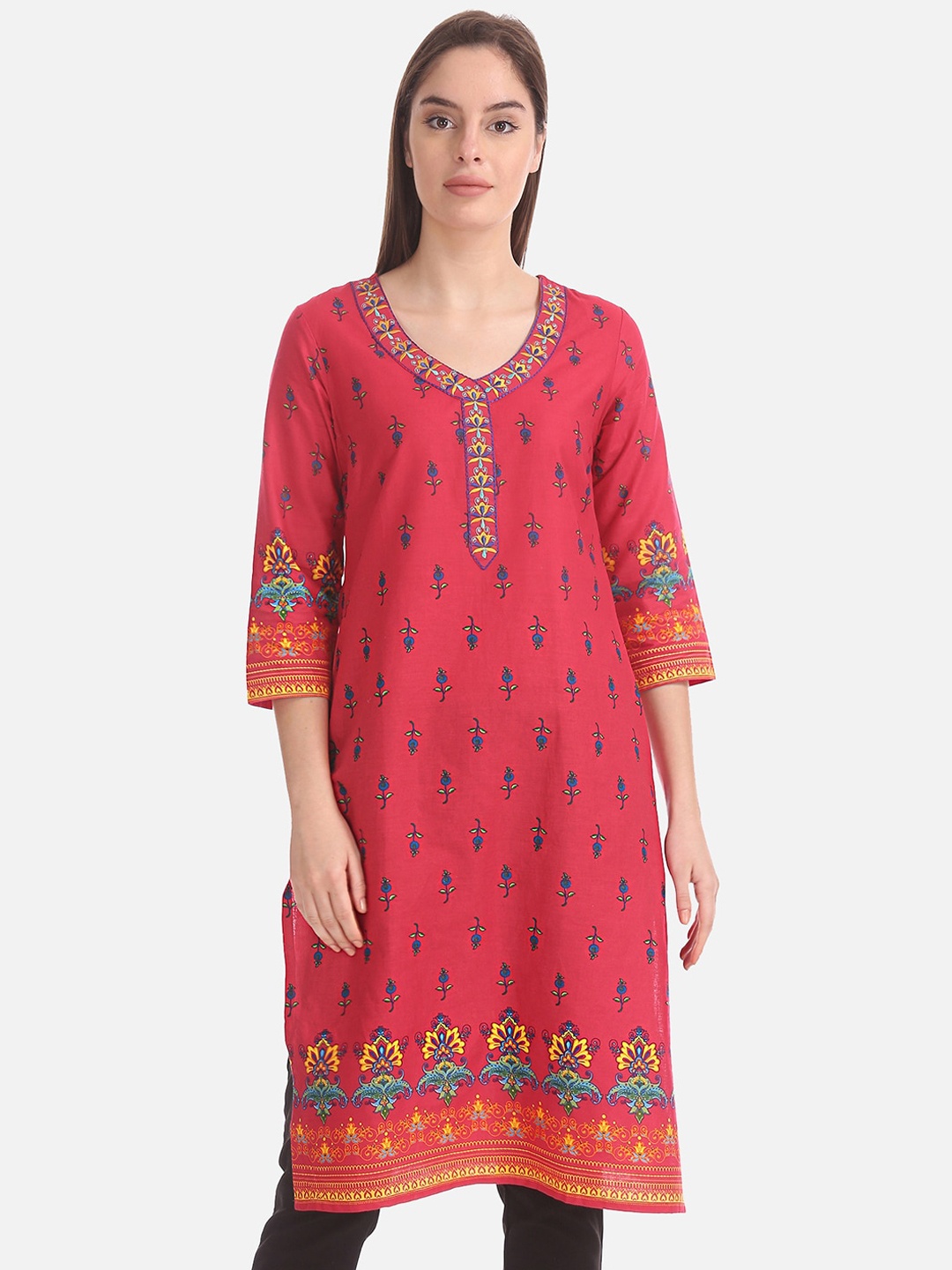 

Karigari Women Pink & Blue Printed Straight Kurta