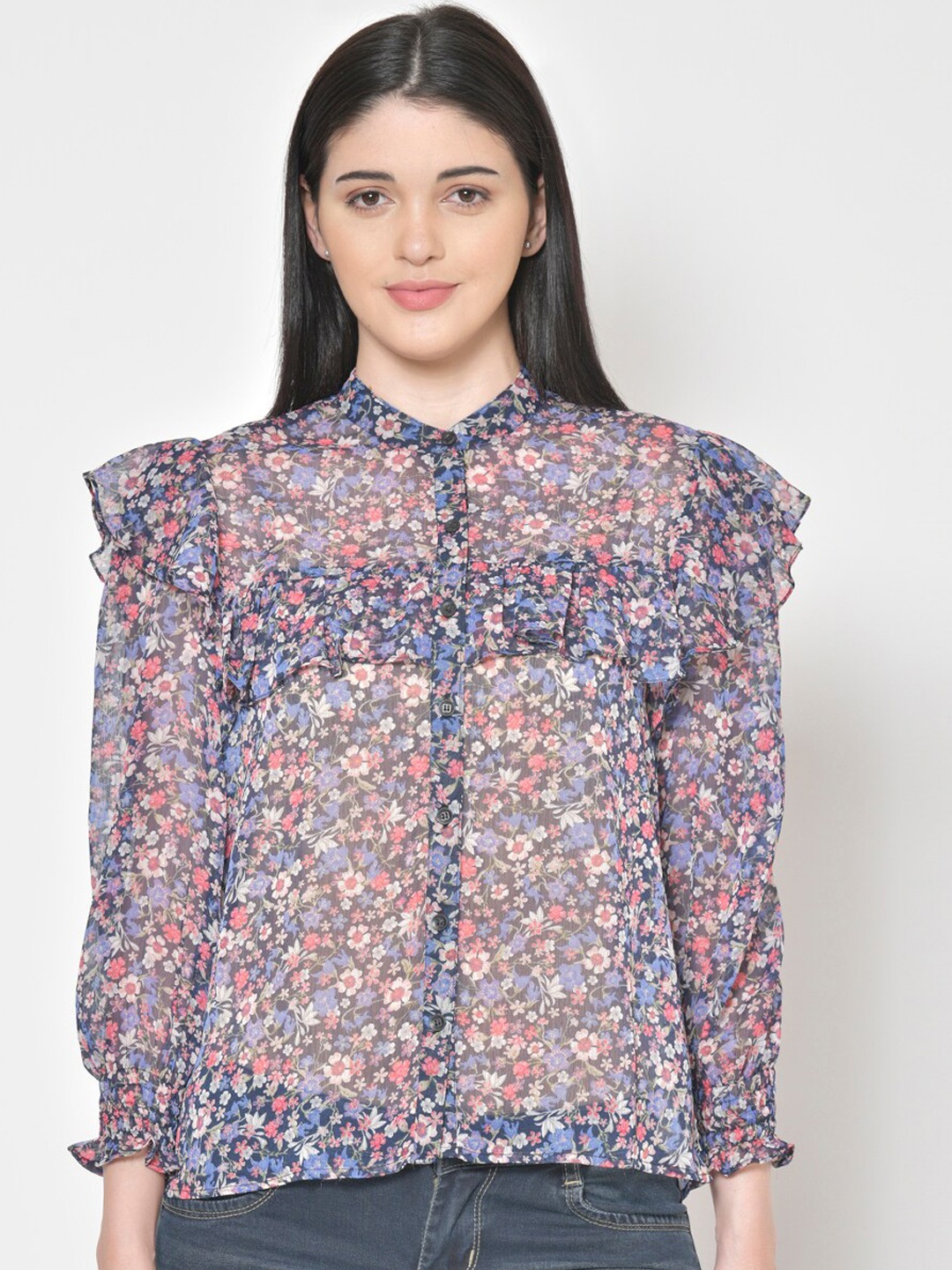 

Cation Women Blue & Pink Tailored Fit Printed Casual Shirt