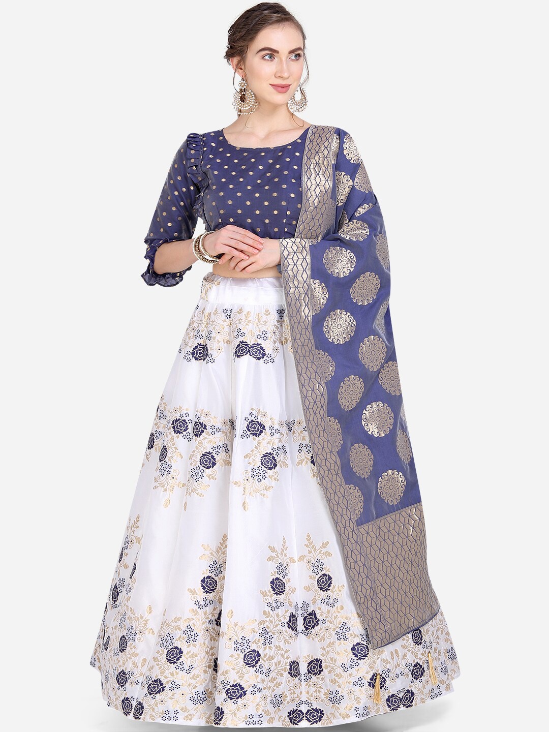 

PURVAJA Navy Blue & White Printed Semi-Stitched Lehenga & Unstitched Blouse with Dupatta