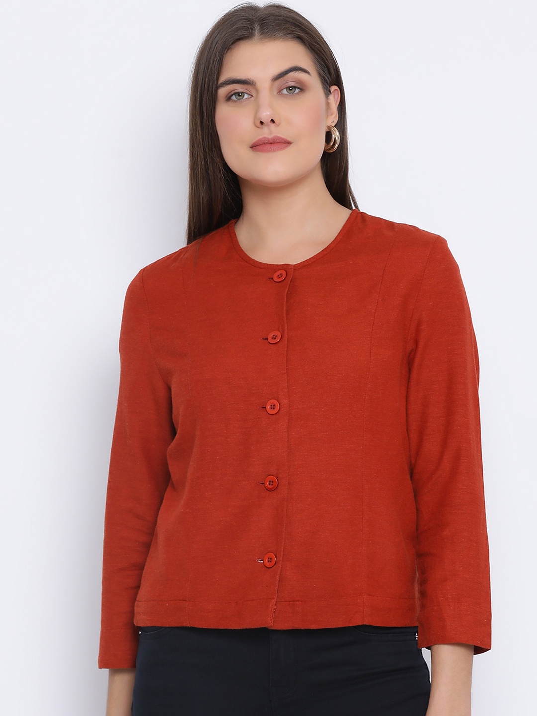 

Oxolloxo Women Rust Red Solid Tailored Jacket