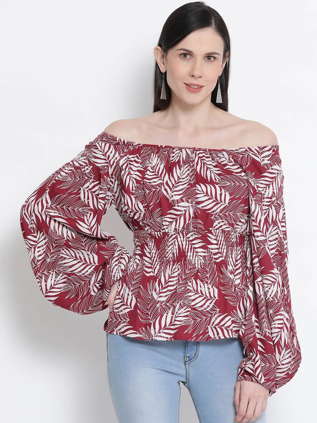 

Oxolloxo Women Maroon & White Tropical Print Bardot Top