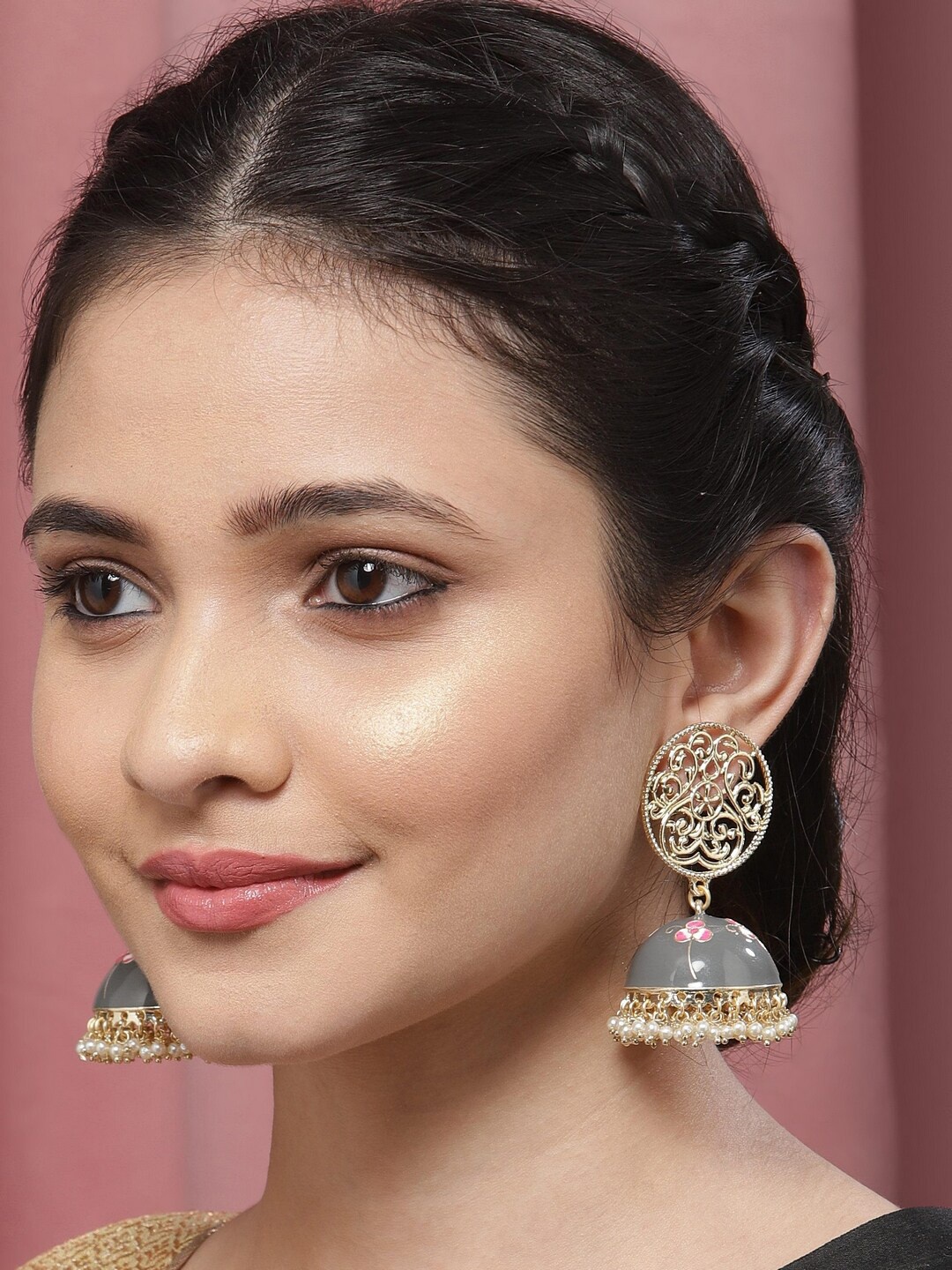 

Melani Borsa Gold-Plated & Grey Dome Shaped Jhumkas