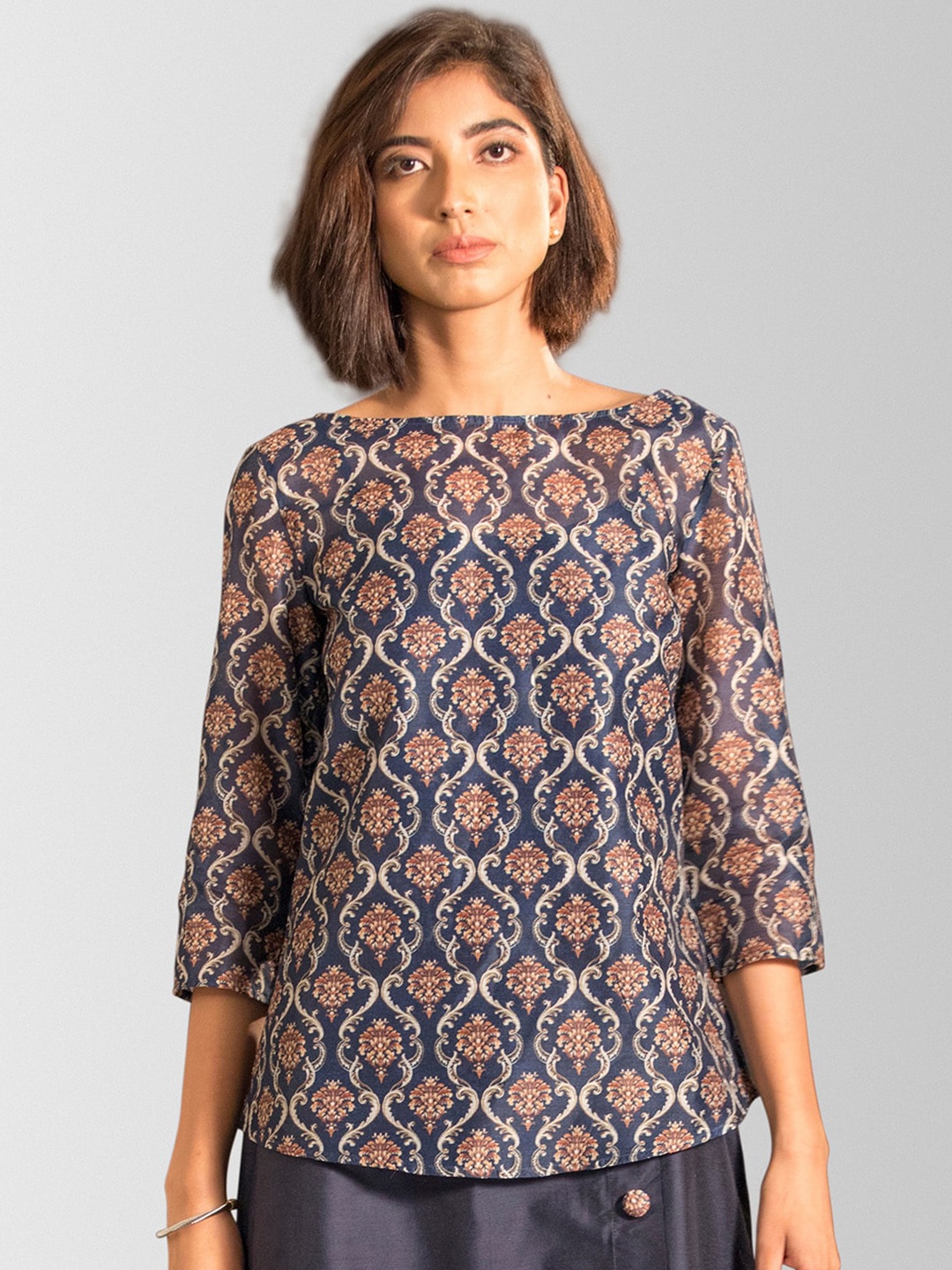 

FableStreet Women Navy Blue Printed A-Line Pure Cotton Top