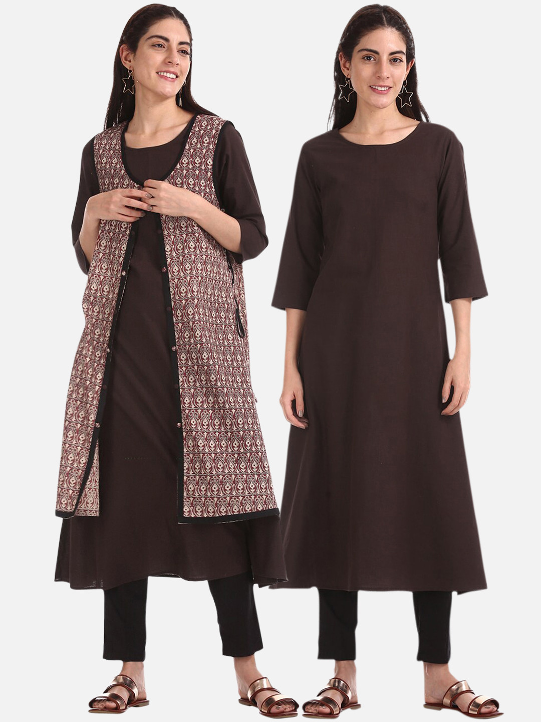 

Karigari Women Brown Solid A-Line Kurta with Jacket