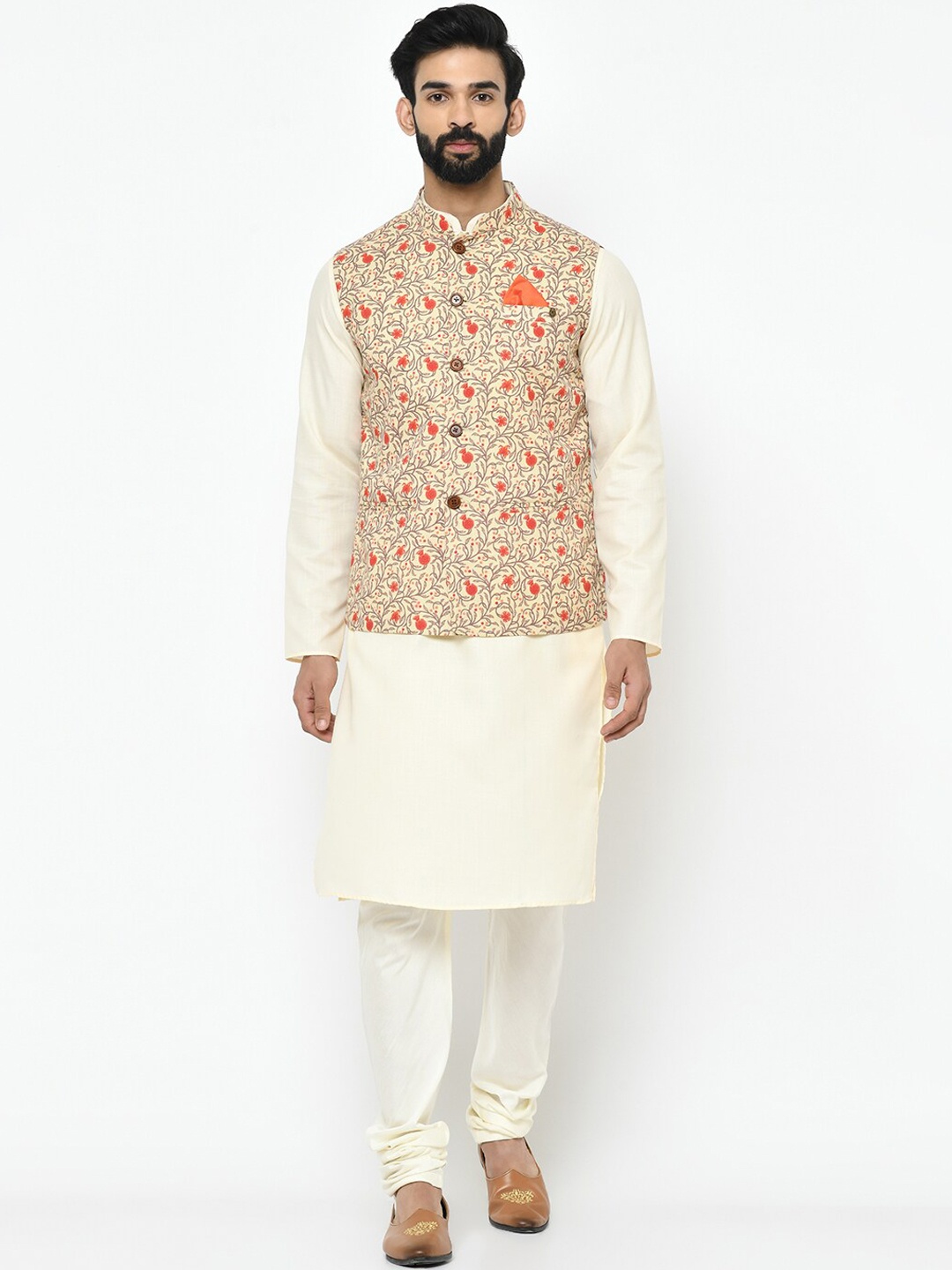 

KISAH Men Cream-Coloured & Orange Solid Kurta with Pyjamas