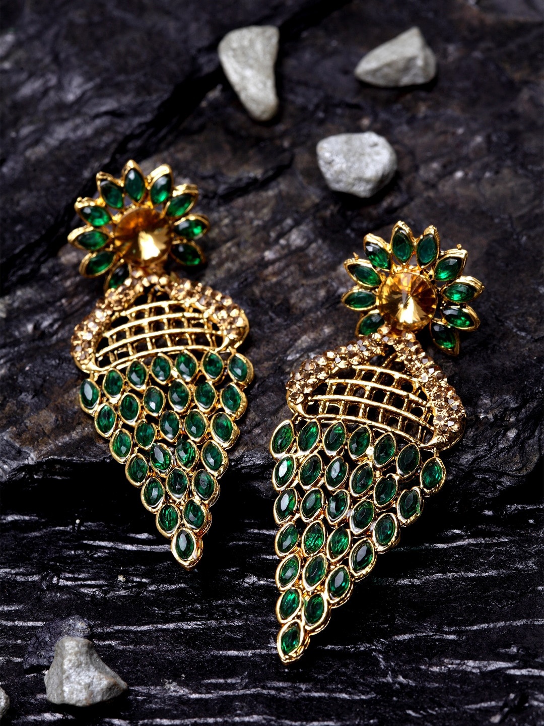 ANIKAS CREATION Gold-Plated Studded Floral Drop Earrings