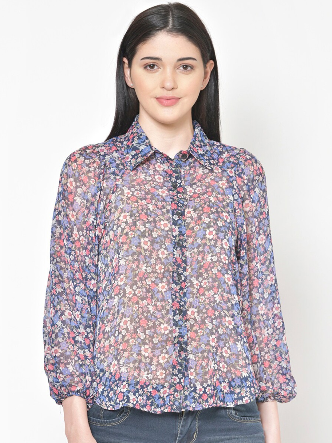 

Cation Women Blue & Yellow Regular Fit Printed Casual Shirt