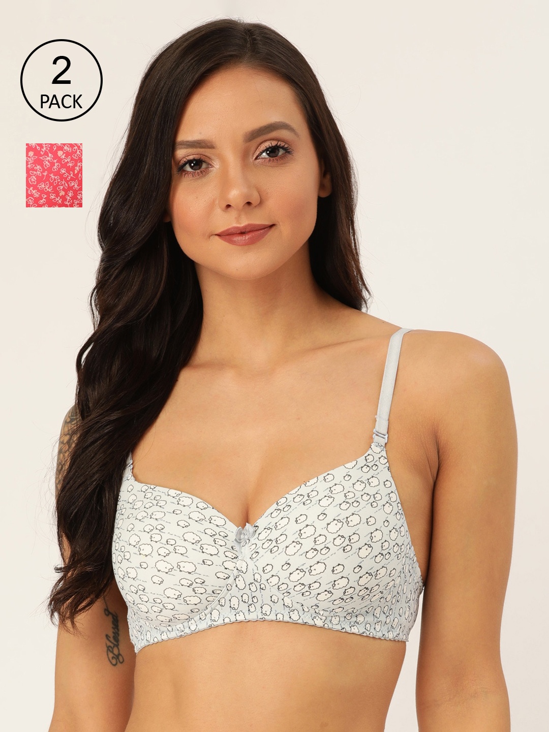 Lady Lyka Pack of 2 Grey & Peach-Coloured Printed Non-Wired Lightly Padded T-shirt Bras