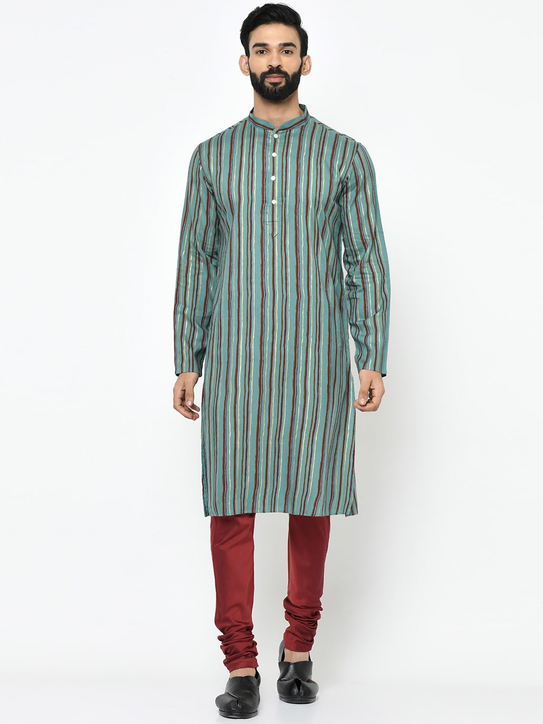 

KISAH Men Green & Maroon Striped Kurta with Pyjamas