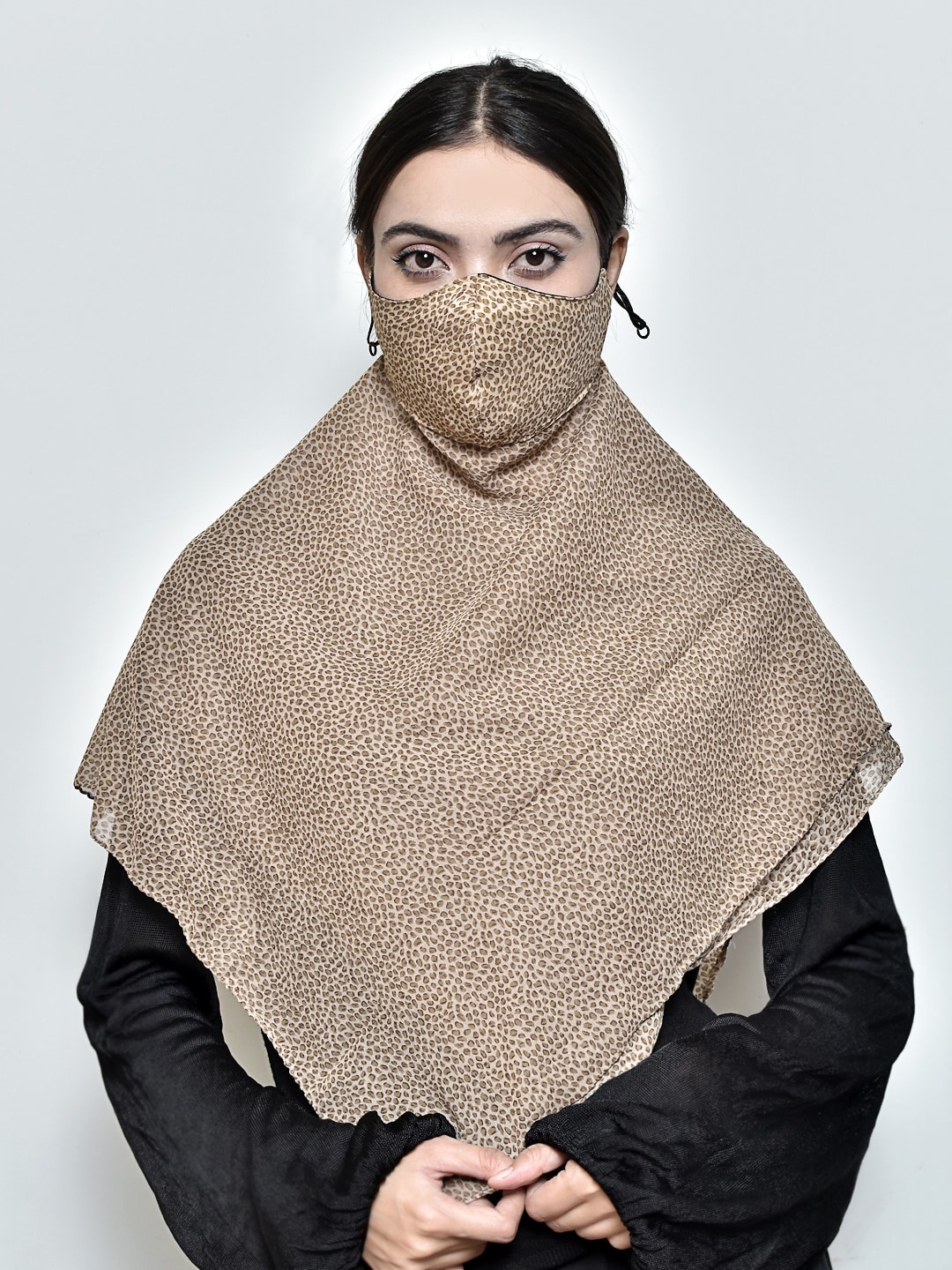 

SWAYAM Women Beige & Brown Printed 3-Ply Reusable Adjustable Face Mask With Scarf