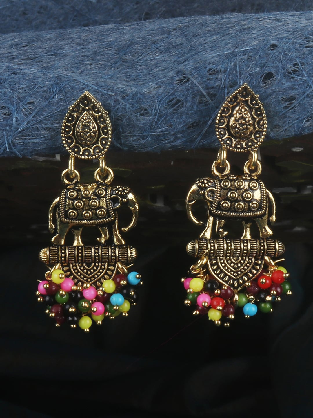 

ANIKAS CREATION Gold-Plated Antique Elephant Shaped Drop Earrings