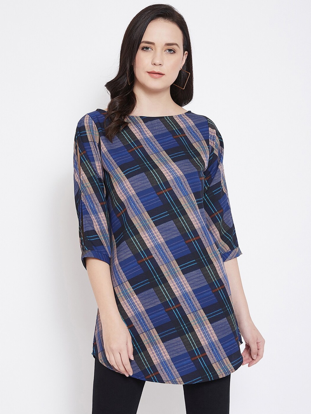 

Ruhaan Women Checked Tunic, Navy blue
