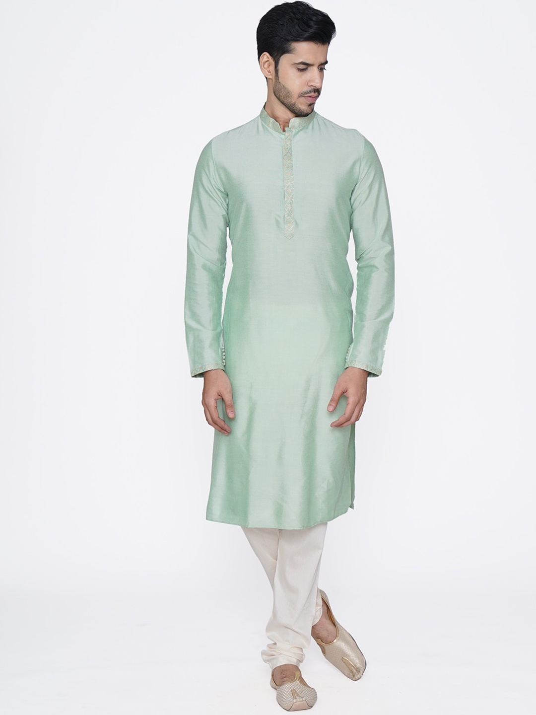 

Manyavar Men Green & White Solid Kurta Set with Nehru Jacket