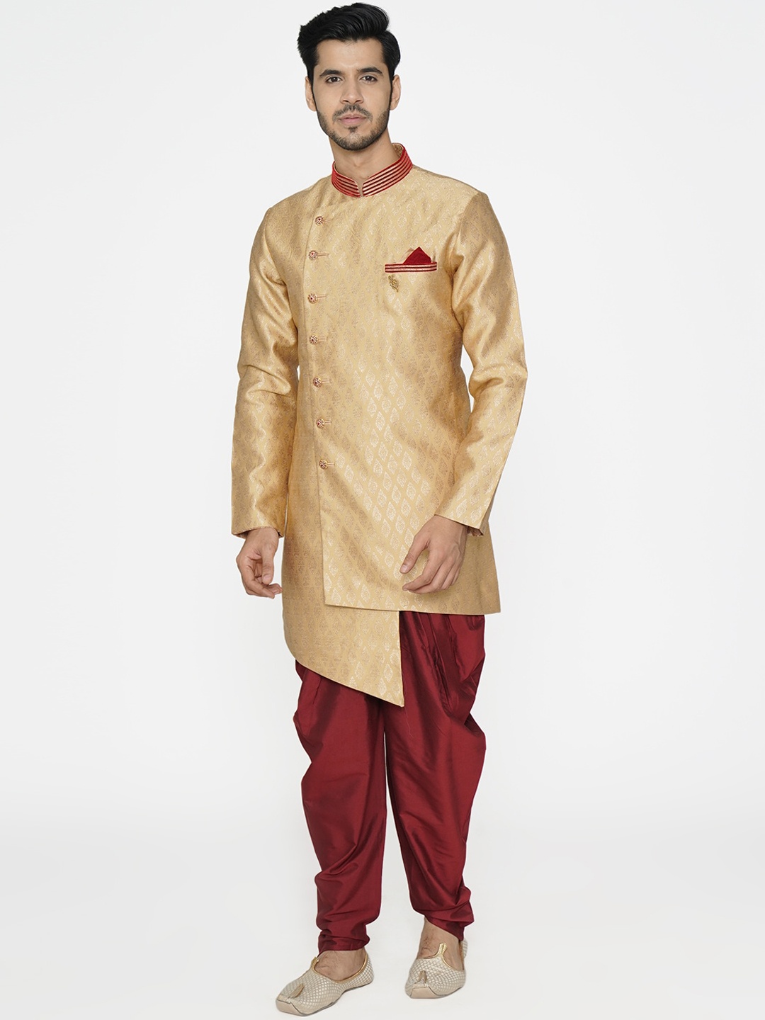 

Manyavar Men Gold-Coloured & Maroon Woven Design Kurta with Dhoti Pants