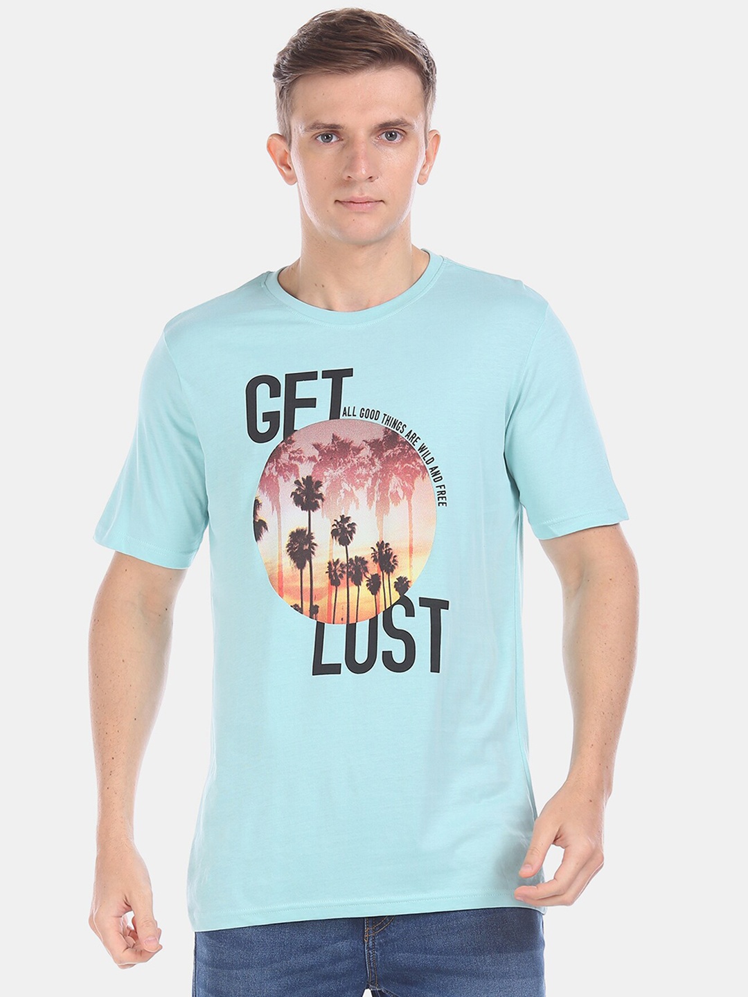 

Colt Men Turquoise Blue Printed Round Neck Pure Cotton T-shirt