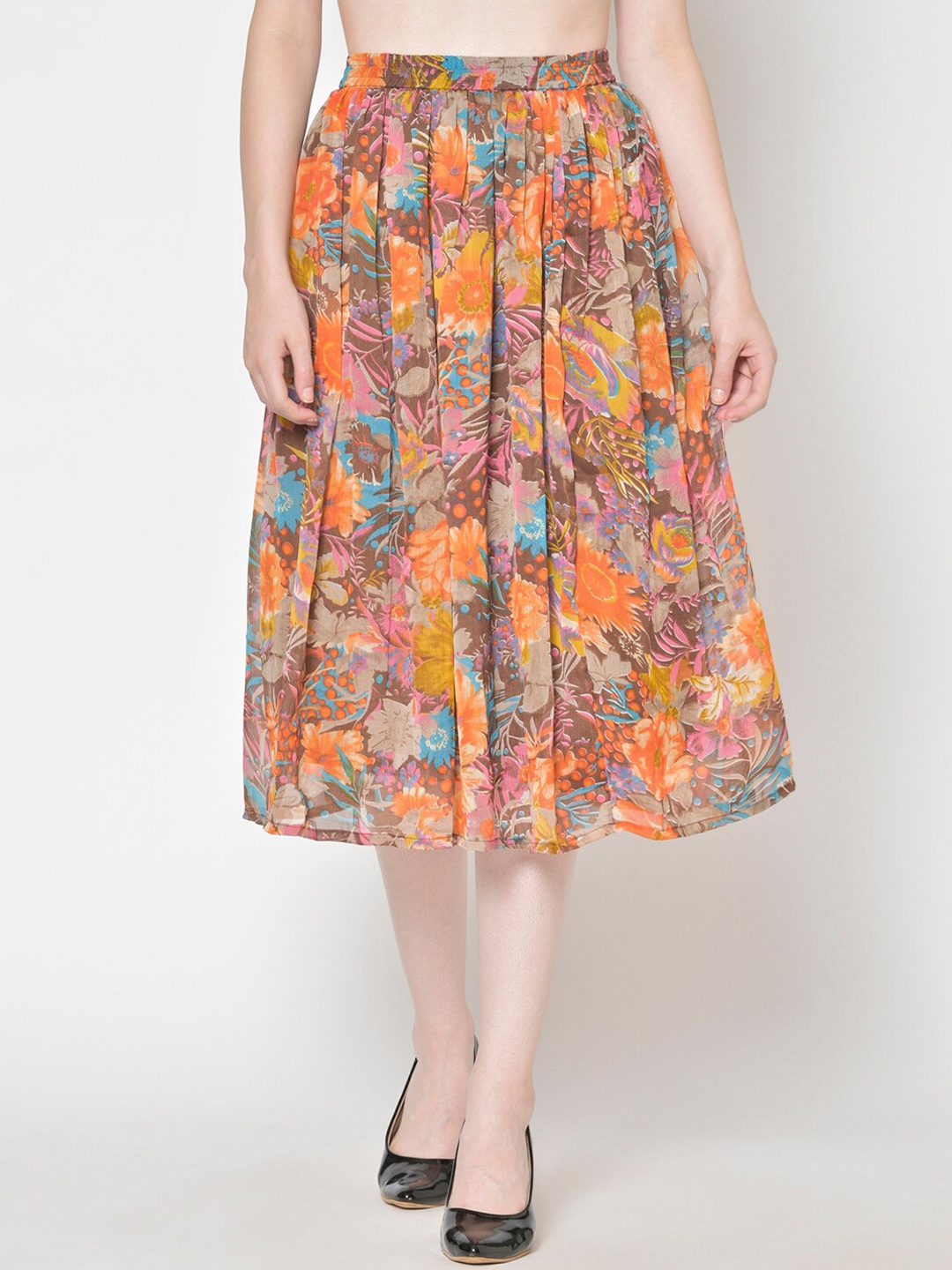 

Cation Women Brown & Orange Printed Flared Midi Skirt