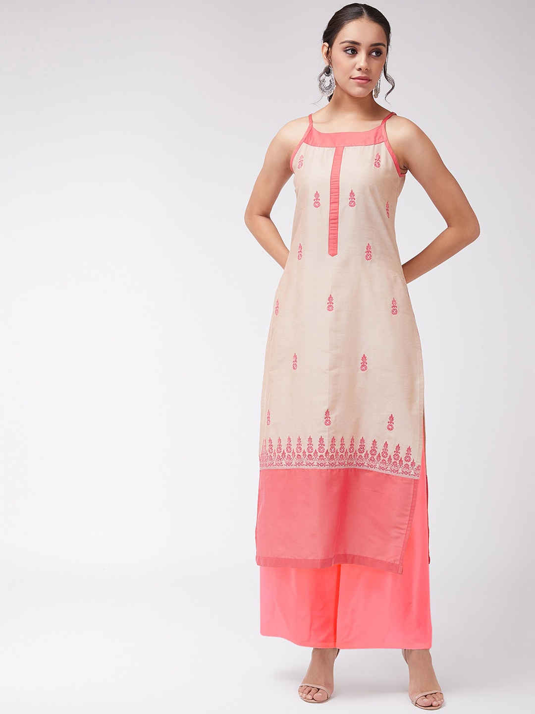 

Pannkh Women Beige & Pink Embroidered Straight Kurta