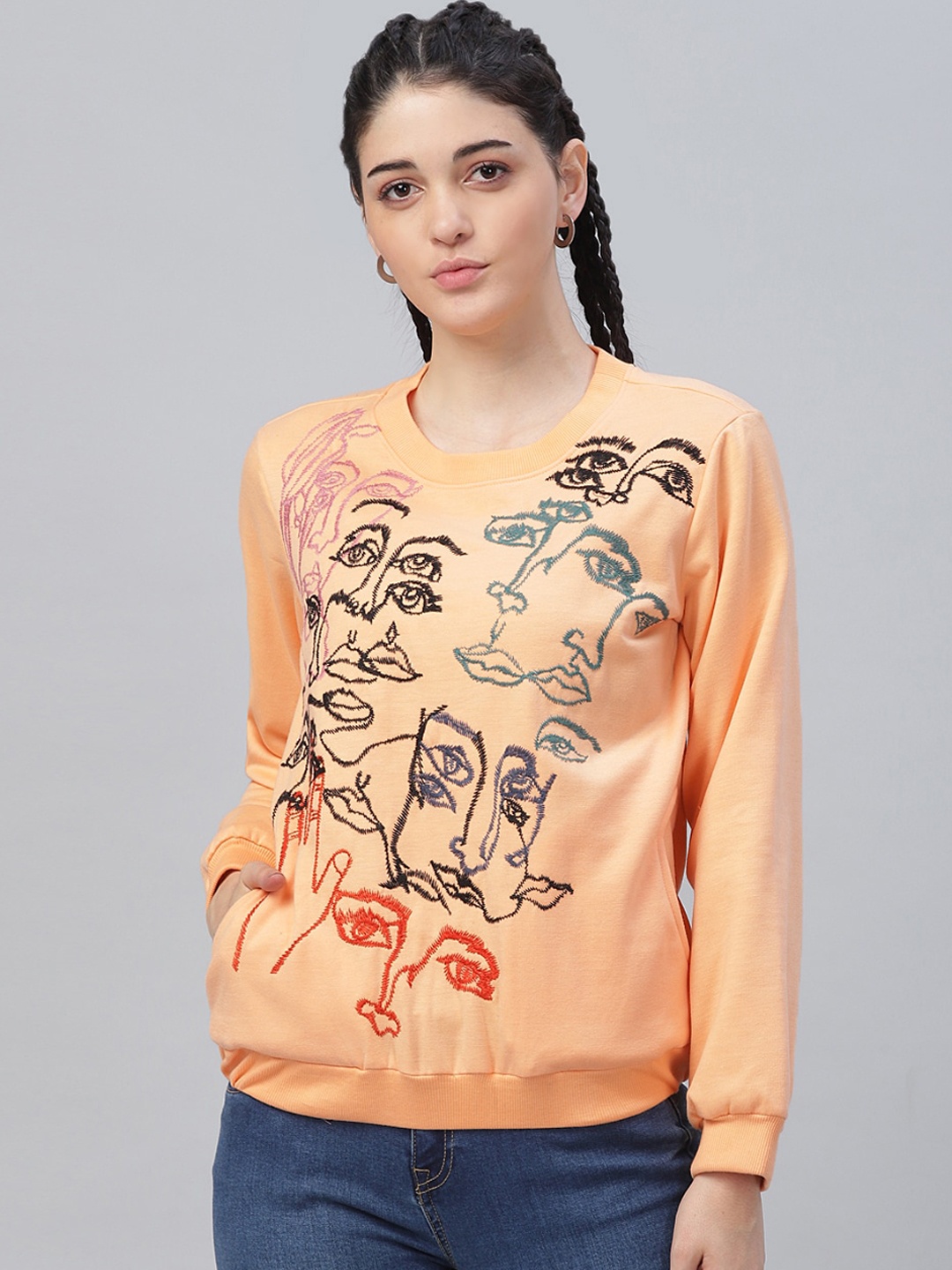 

Athena Women Peach-Coloured & Black Embroidered Pullover Sweatshirt