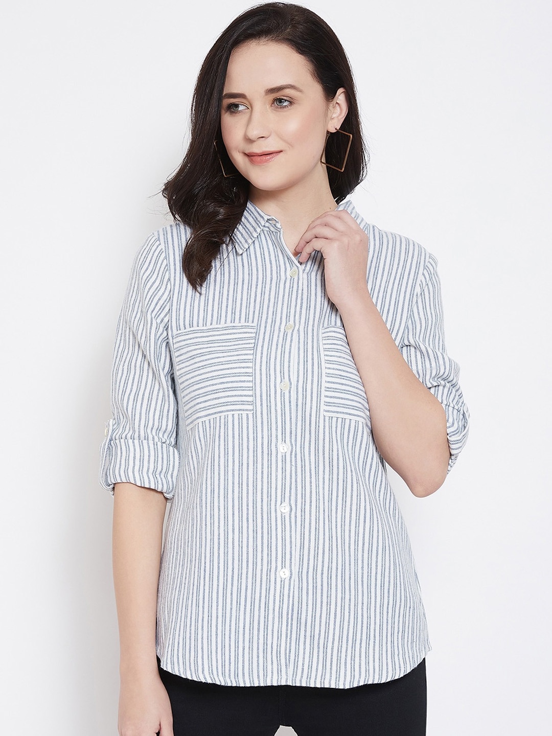 Ruhaans Women White & Blue Regular Fit Striped Casual Shirt