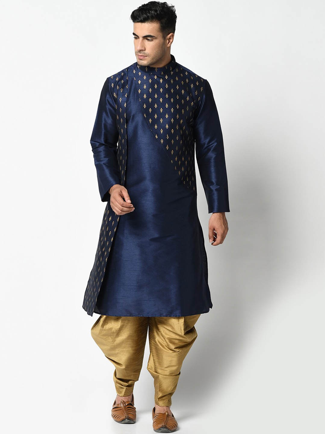 

DEYANN Men Navy Blue & Gold Woven Design Kurta with Dhoti Pants