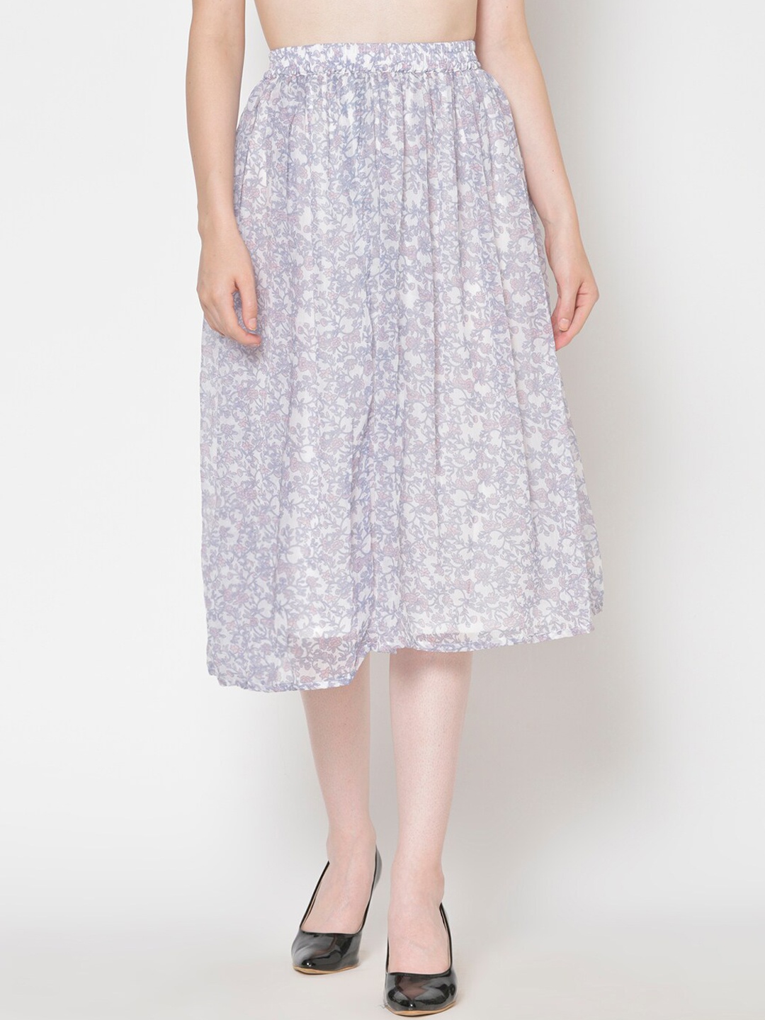 Cation Women White & Grey Floral Printed Midi Skirt