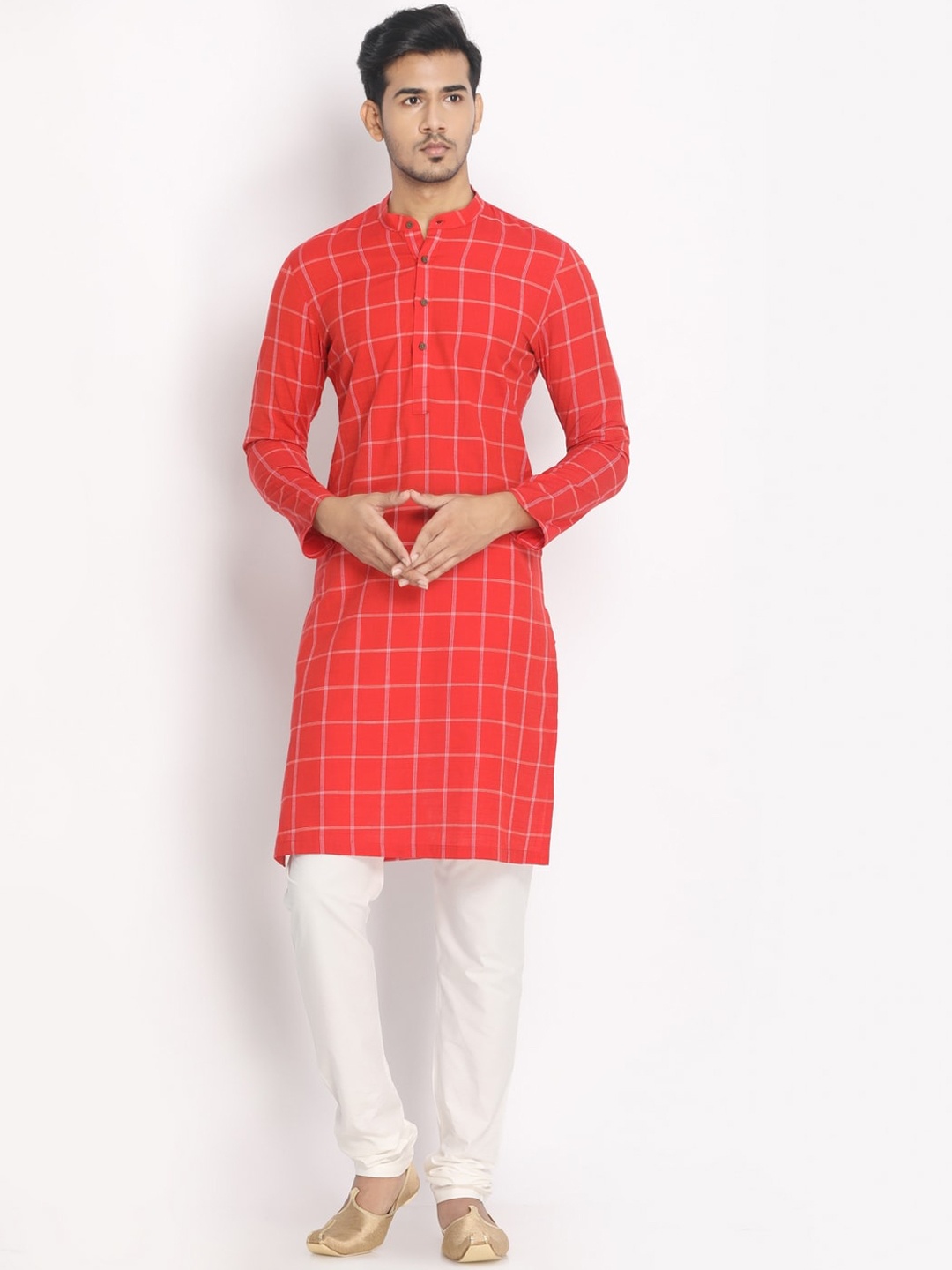 

Manyavar Men Red Checked Straight Kurta