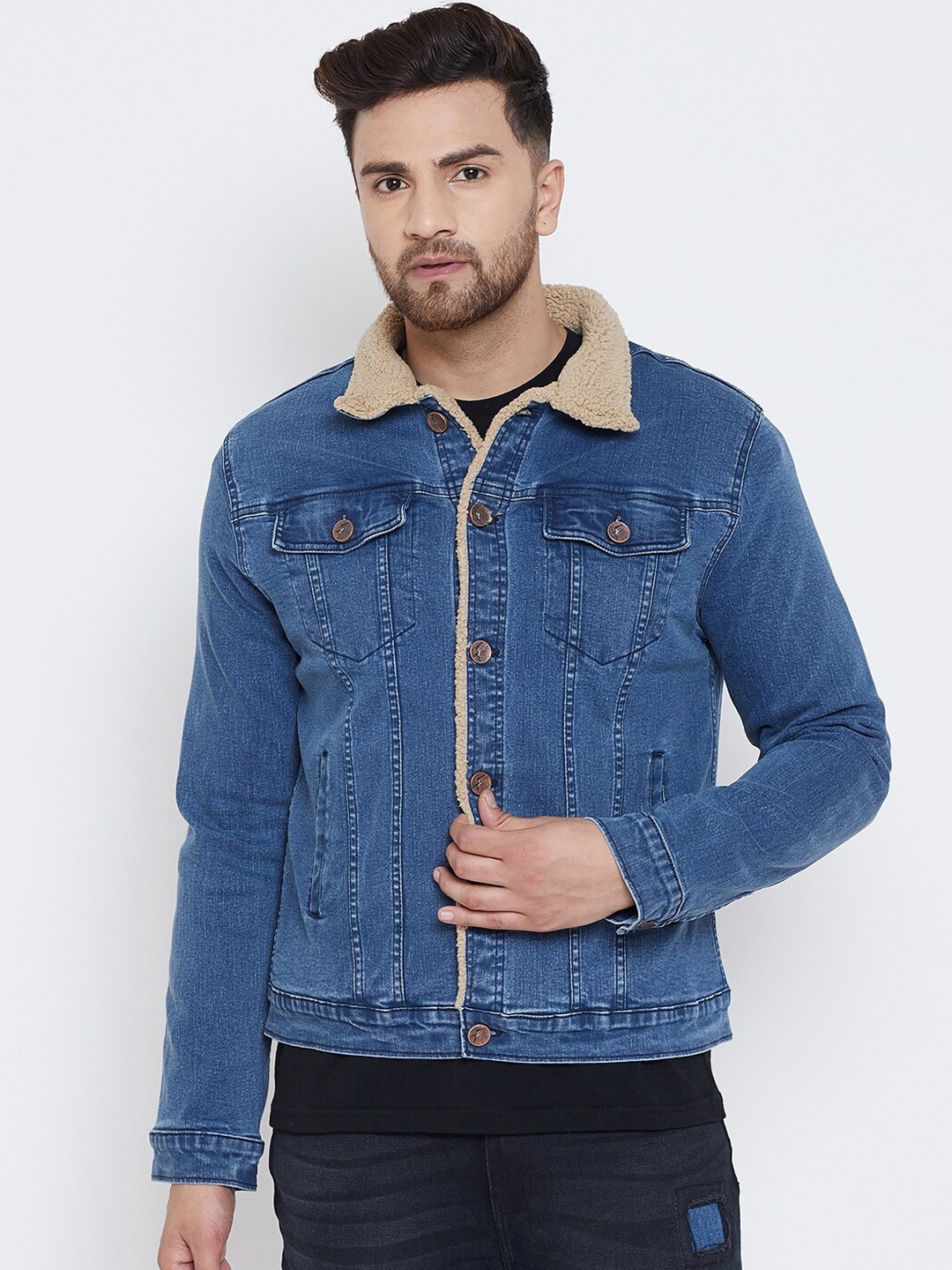 

FUGAZEE Men Blue Solid Denim Jacket