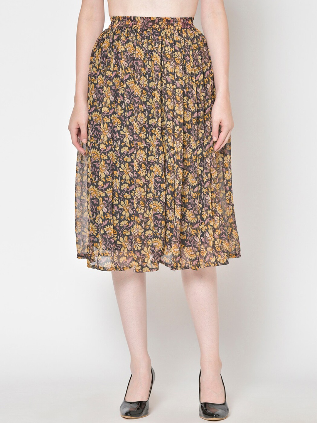

Cation Women Black & Yellow Floral Printed Flared Skirt