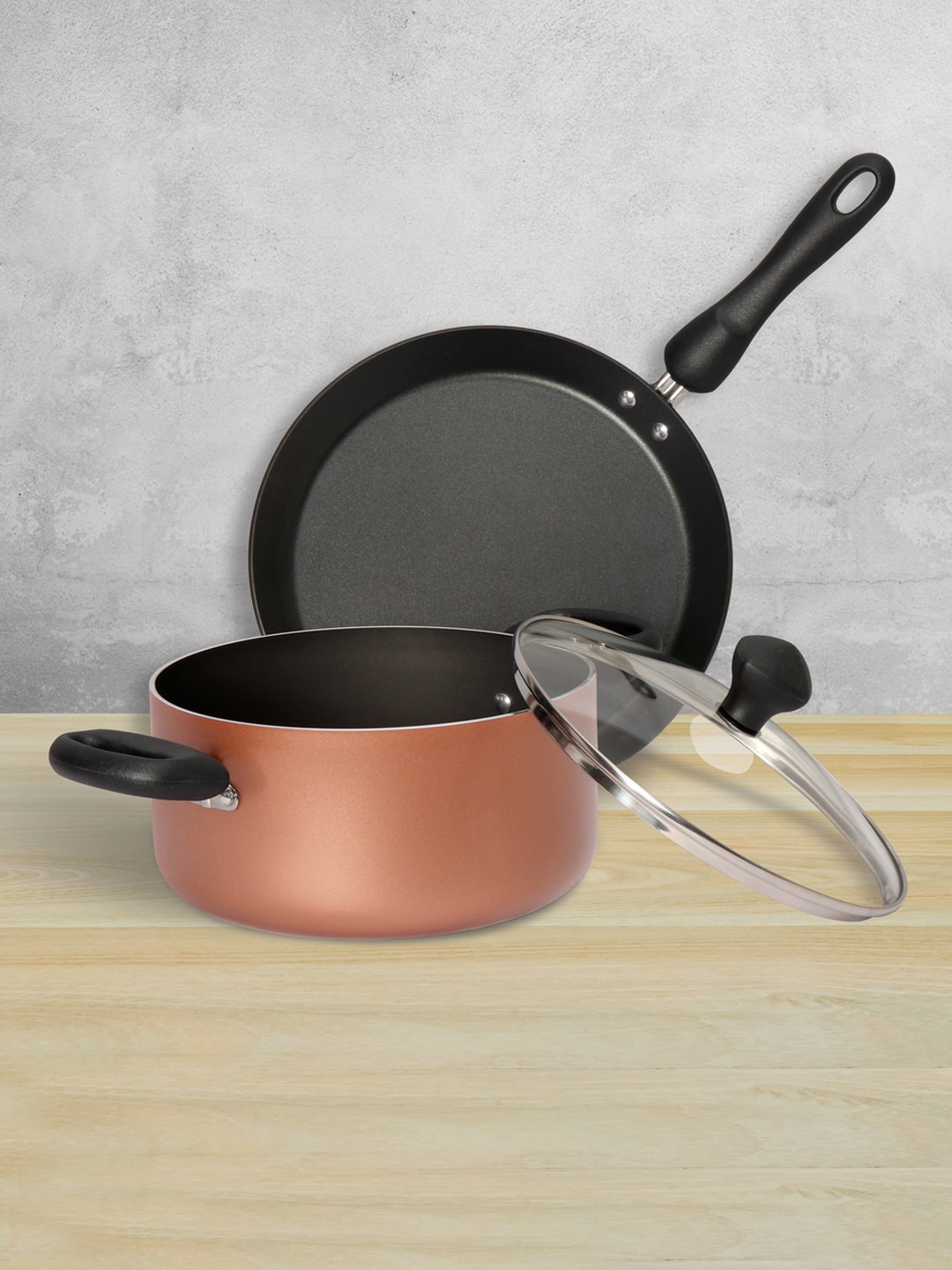 

MEYER Copper-Toned 3 Pcs Non-Stick 2.8 L Casserole Pot & 24cm Flat Dosa Tawa Cookware Set