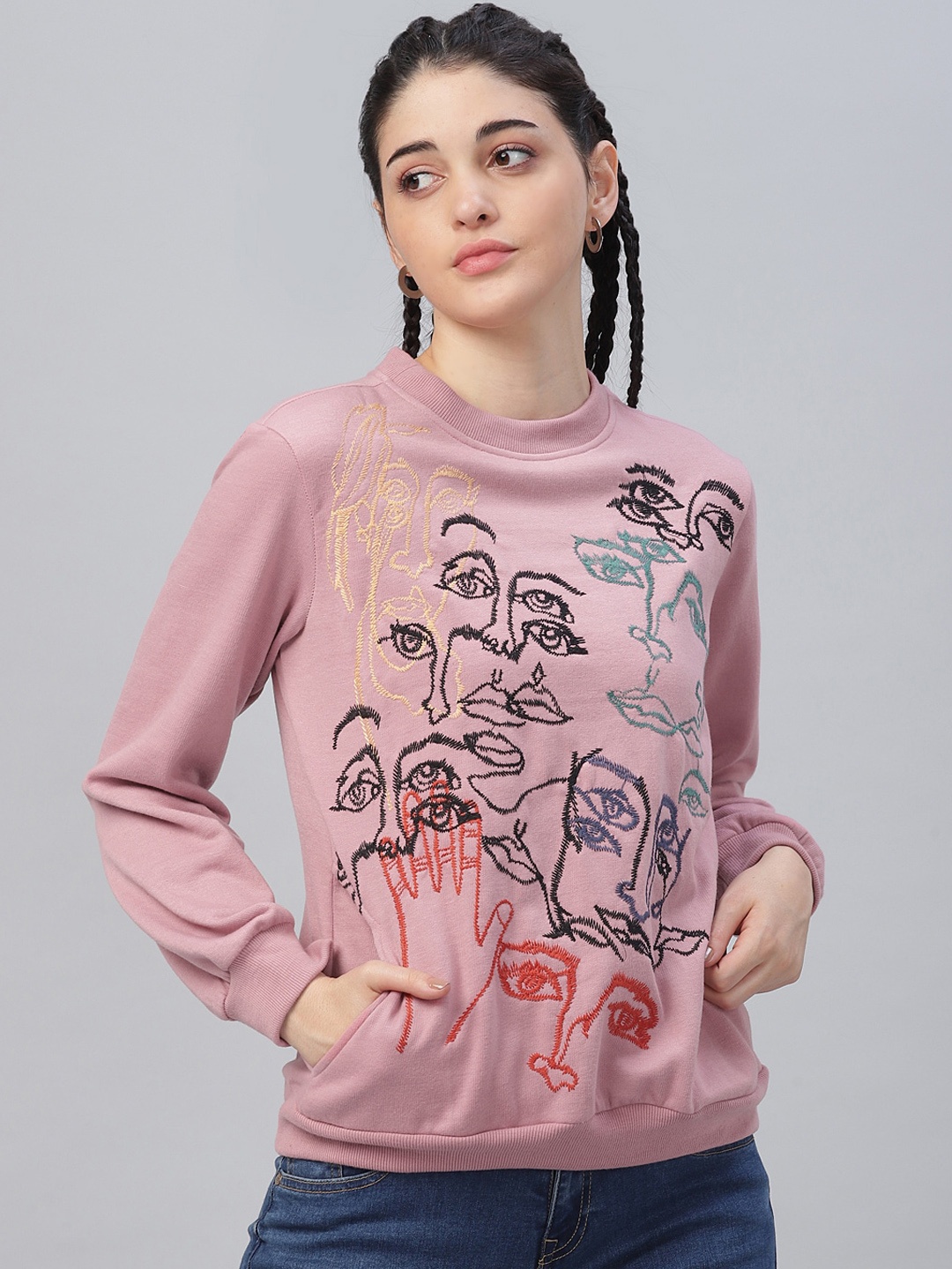 Athena Women Nude-Coloured & Black Printed Sweatshirt