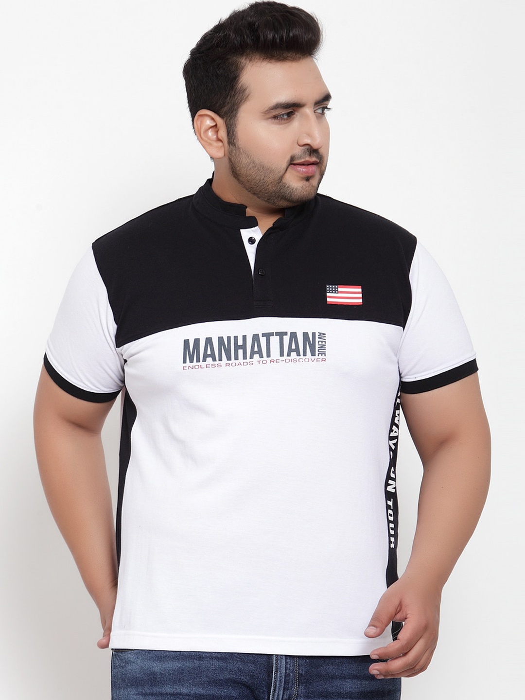 

plusS Men White Colourblocked Henley Neck T-shirt