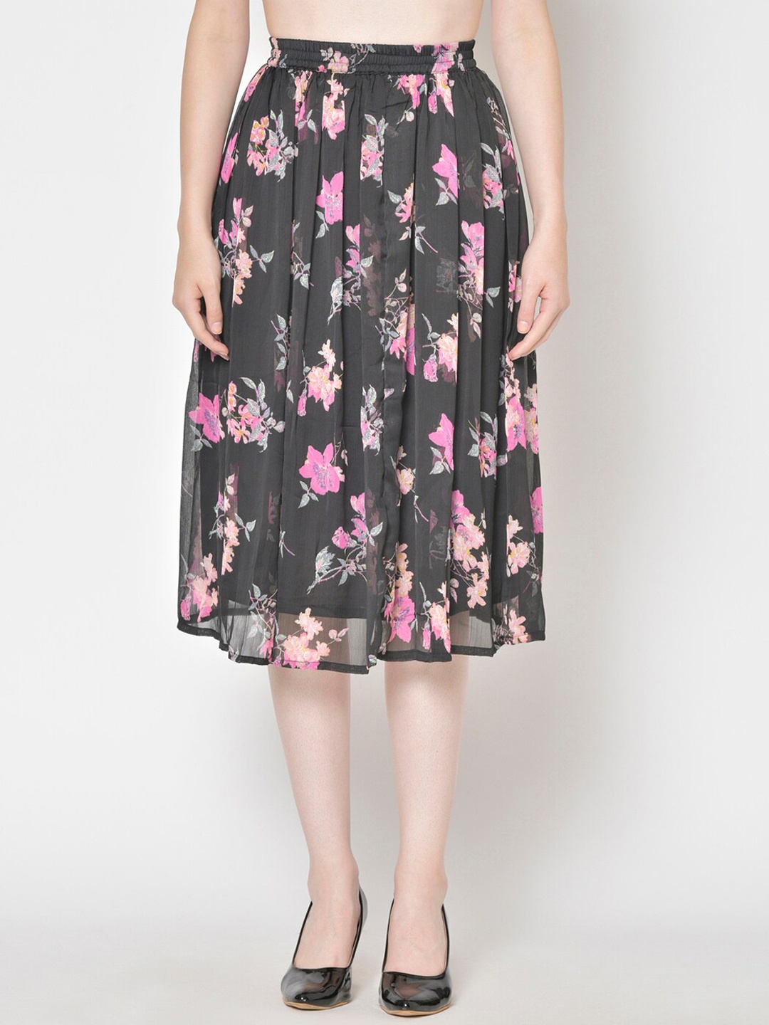 

Cation Women Black Floral Printed Flared Midi Skirt
