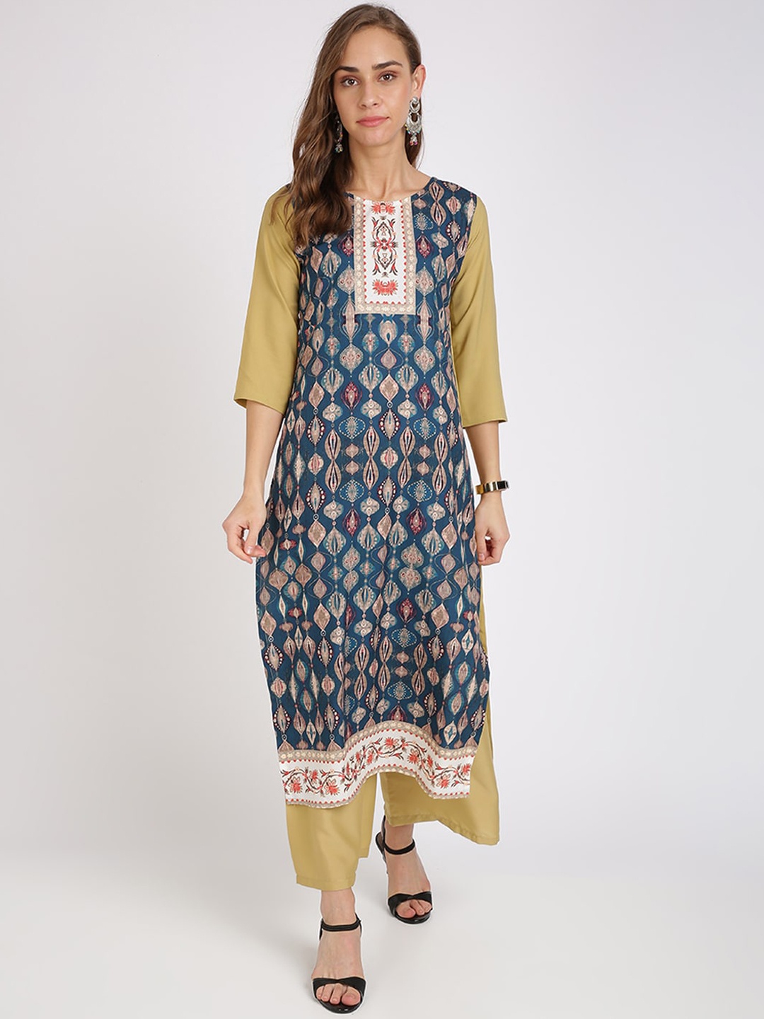 

Florence Women Teal Green & Beige Printed Kurta with Palazzos