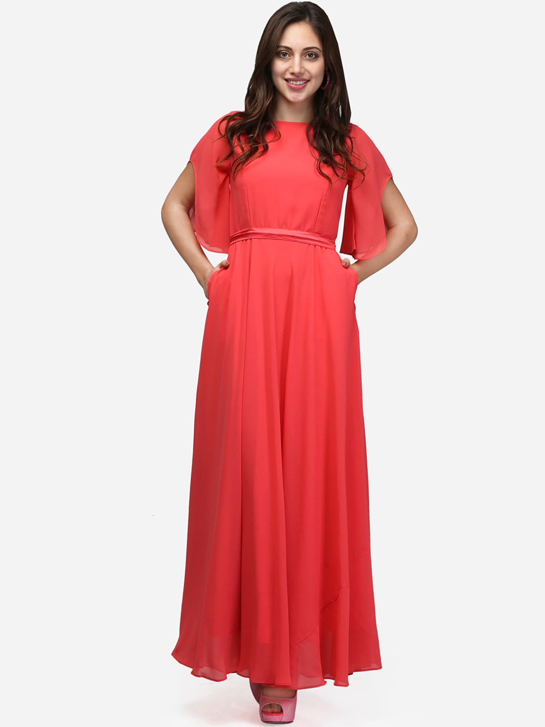 V&M Women Coral Red Solid Maxi Dress