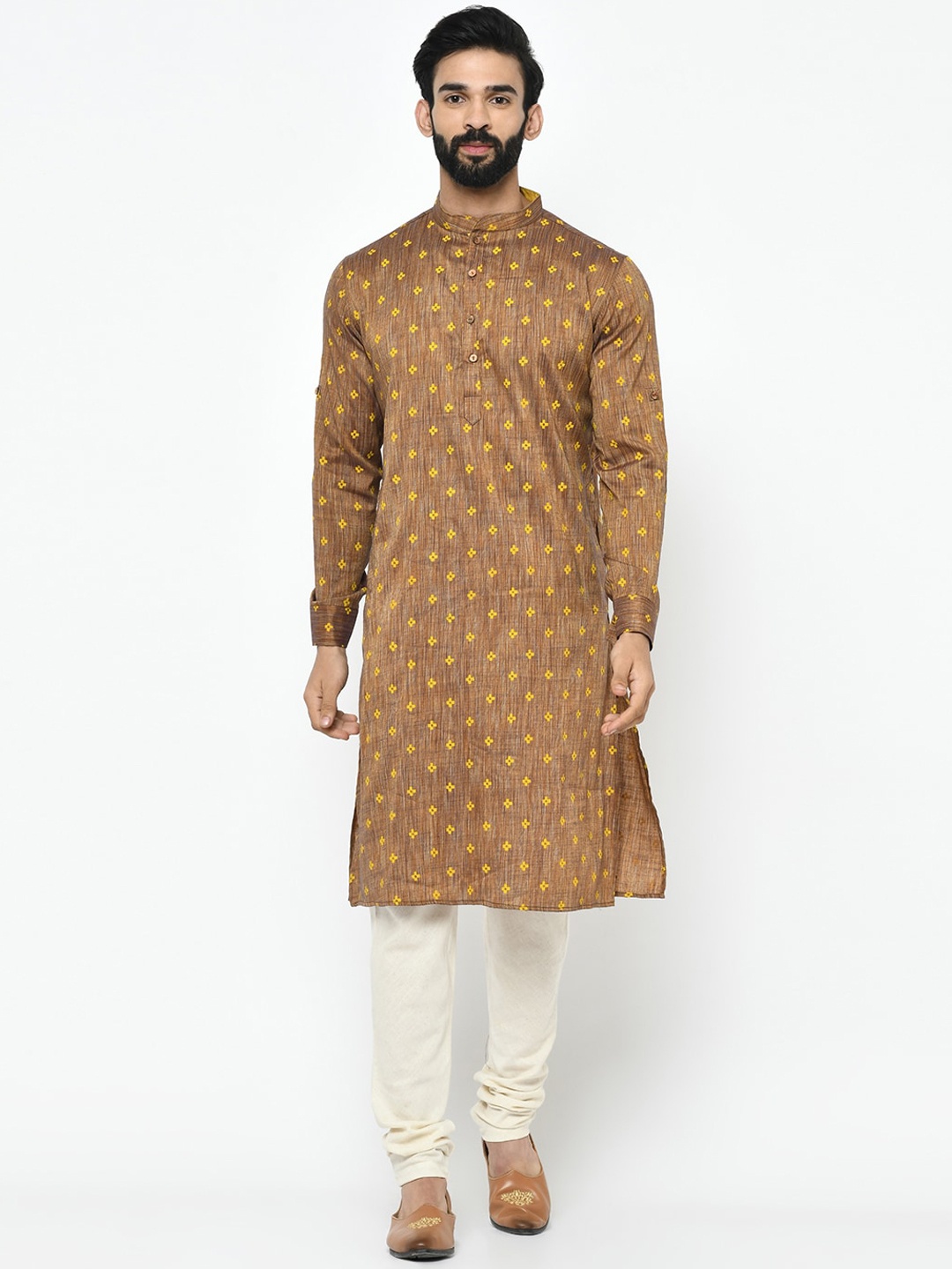 

Vartah Men Yellow Handloom Kurta, Brown