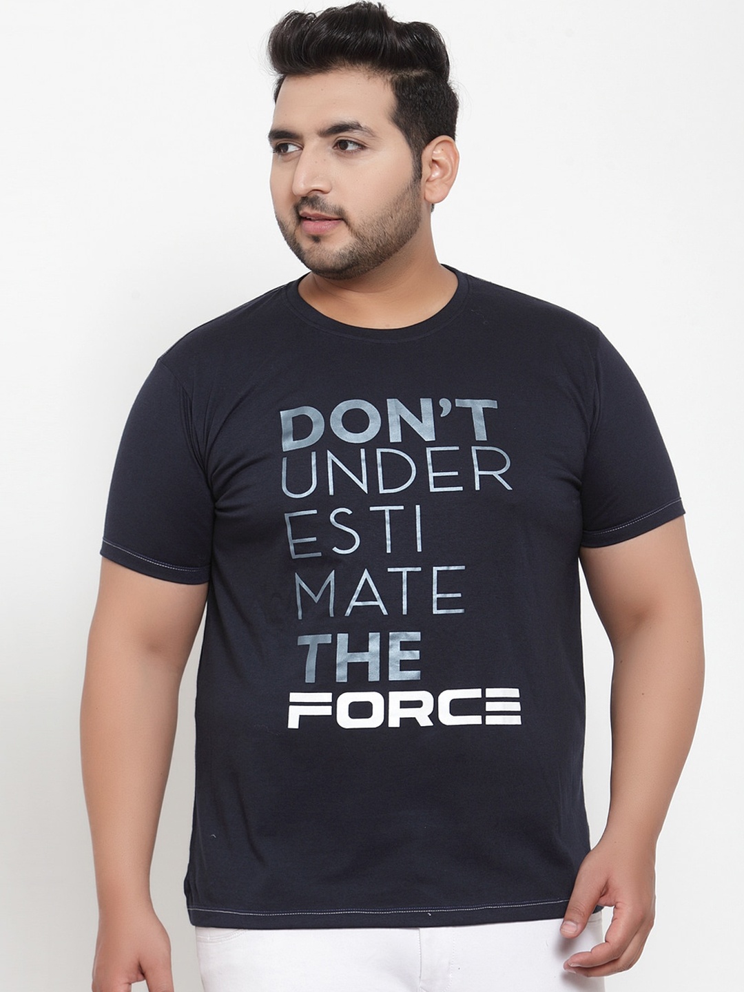 

plusS Men Navy Blue Printed Round Neck Pure Cotton T-shirt