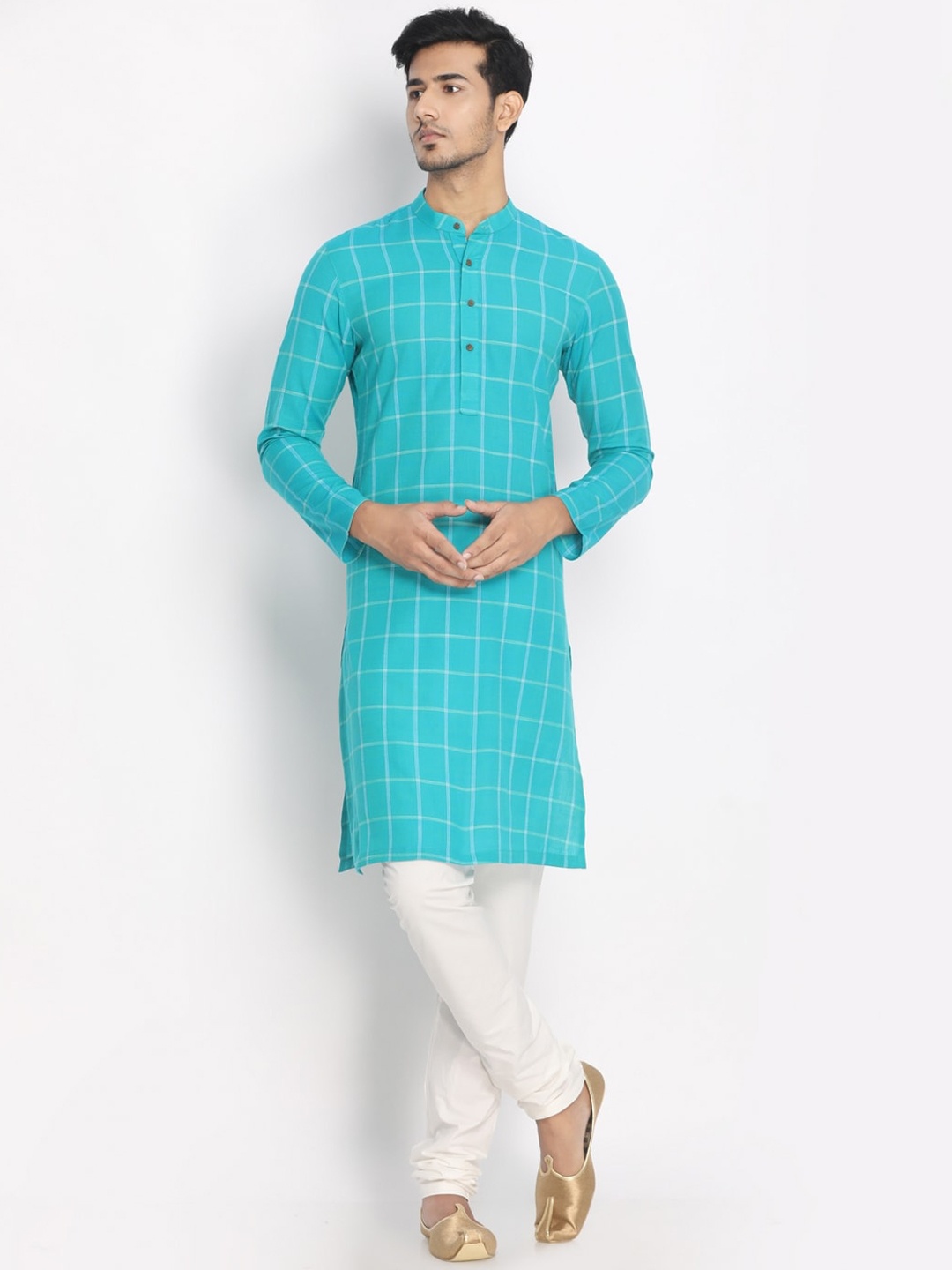 

Manyavar Men Blue Checked Straight Kurta