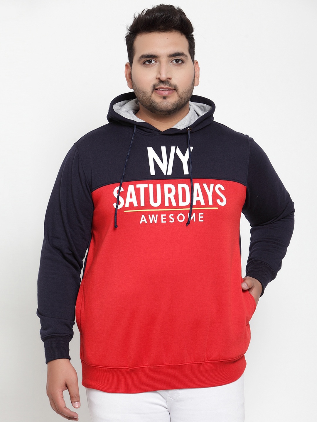 

plusS Men Navy Blue & Red Colourblocked Hooded Sweatshirt