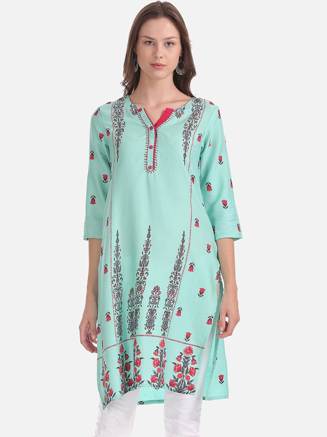 

Karigari Women Sea Green & Red Printed A-Line Kurta
